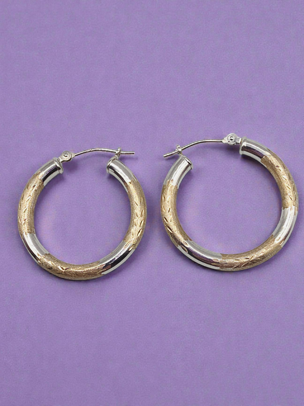 Solid 10K Two-Tone Yellow & White Gold Textured Hoop Earrings