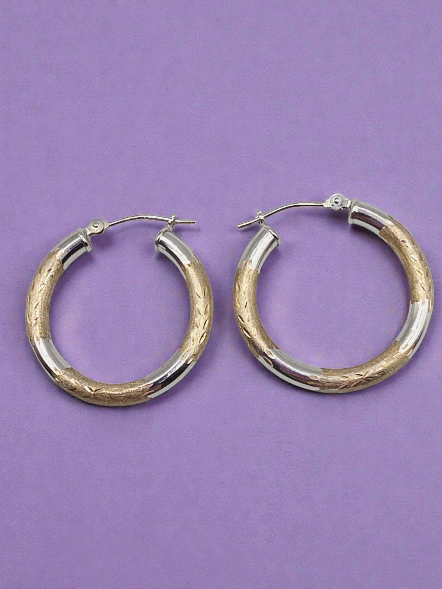 Solid 10K Two-Tone Yellow & White Gold Textured Hoop Earrings