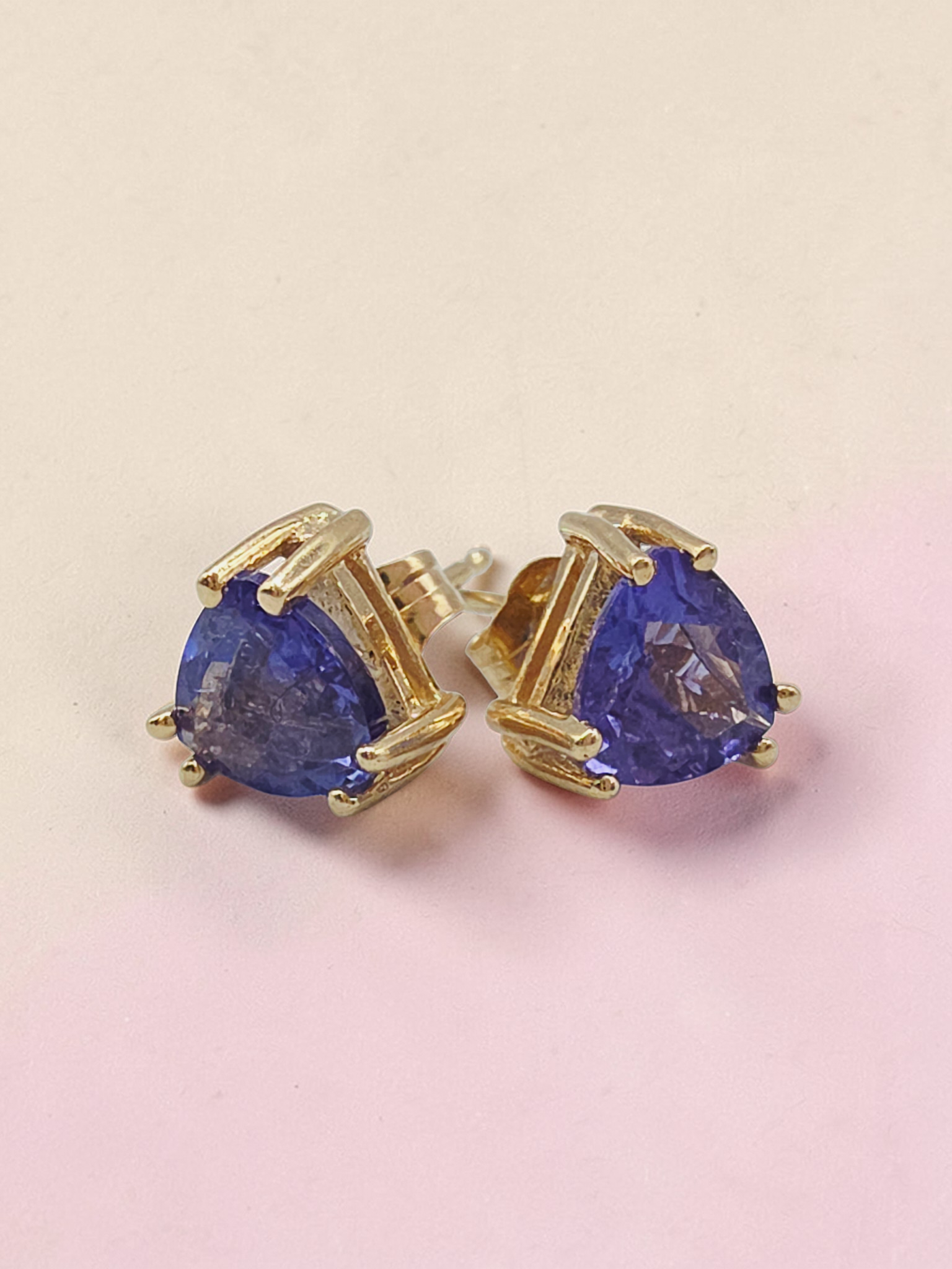 Solid 14K Yellow Gold Trillion Cut Iolite Stud Earrings - Eagle Prongs