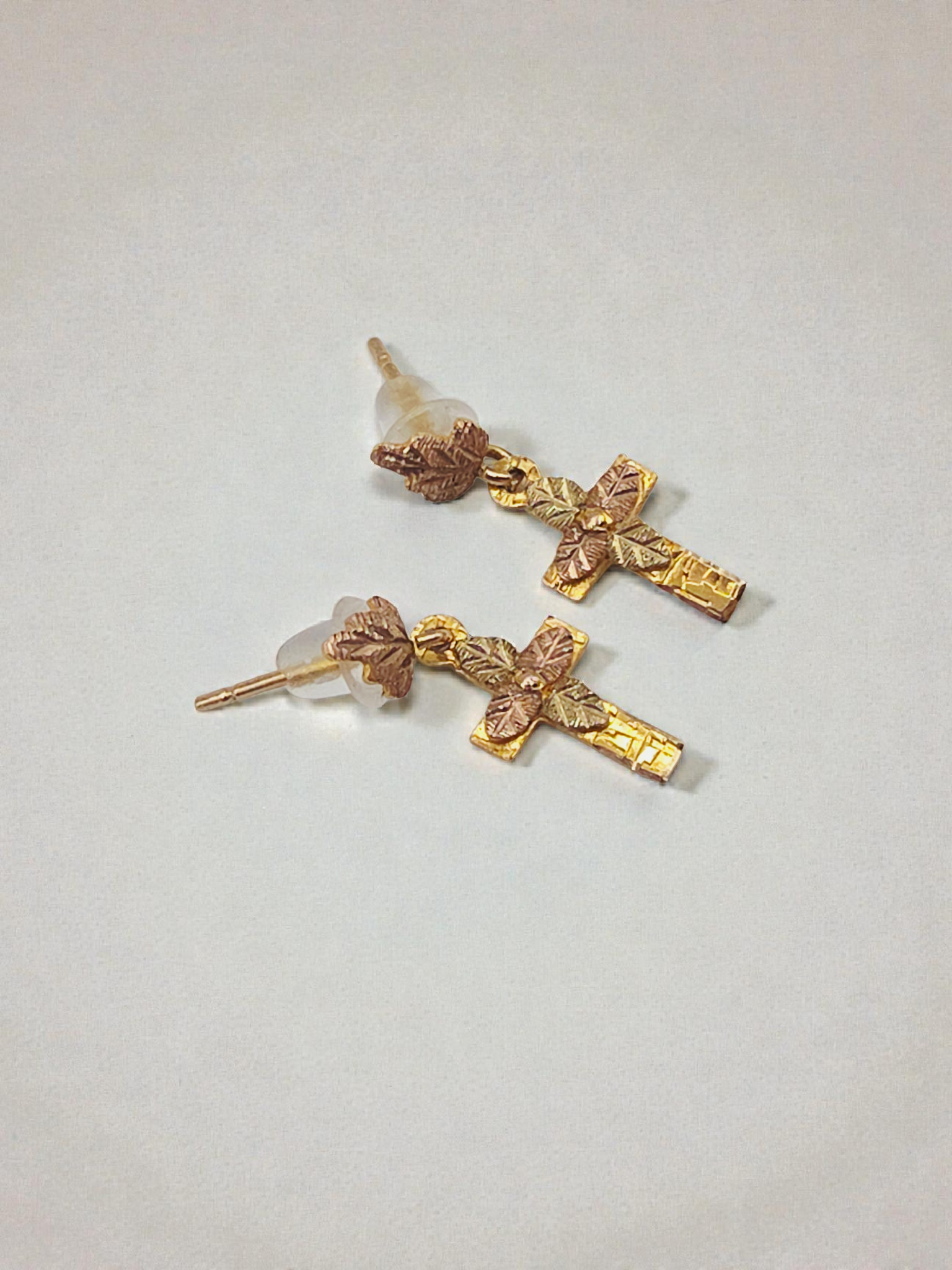 Black Hills Solid 10K Tri-Color Gold Floral Cross Earrings - Silicone Backs