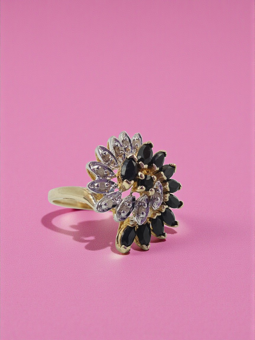 Solid 10K Yellow Gold Ring with Blue Sapphire and Diamond Cluster - Size 7