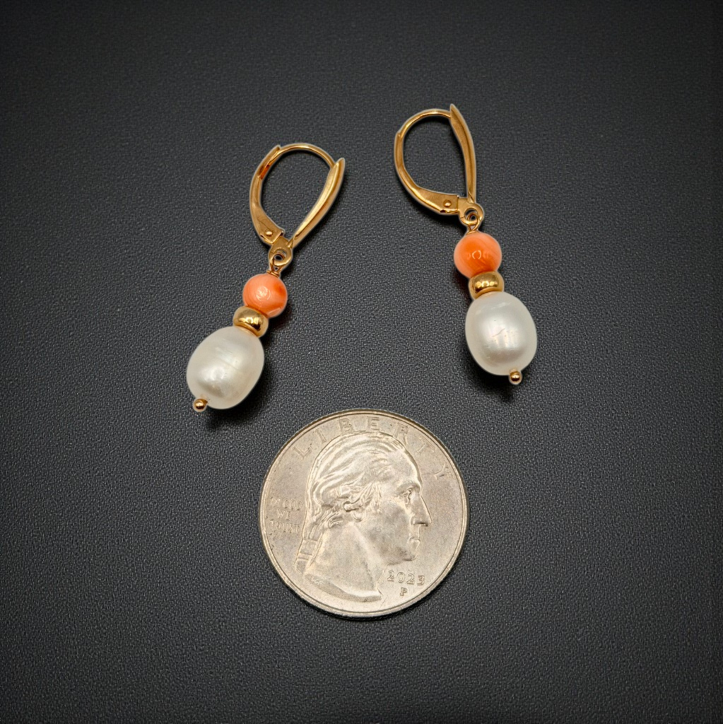 Solid 14K Yellow Gold Dangle Earrings with Coral Beads and Pearls
