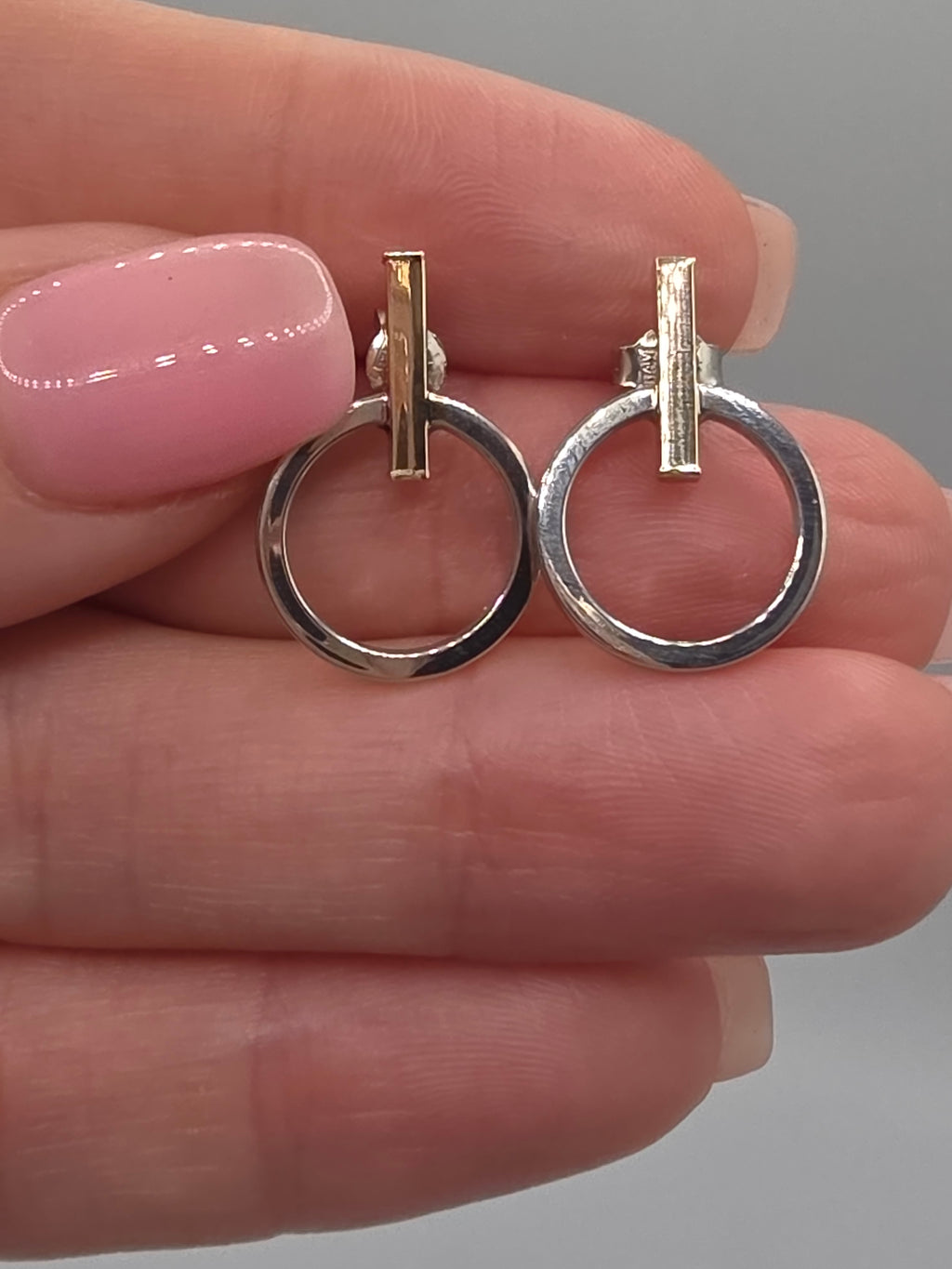 LLJ Lindsey Leigh 14K White Rose Gold Bar Circle Geometric Stud Earrings Italy