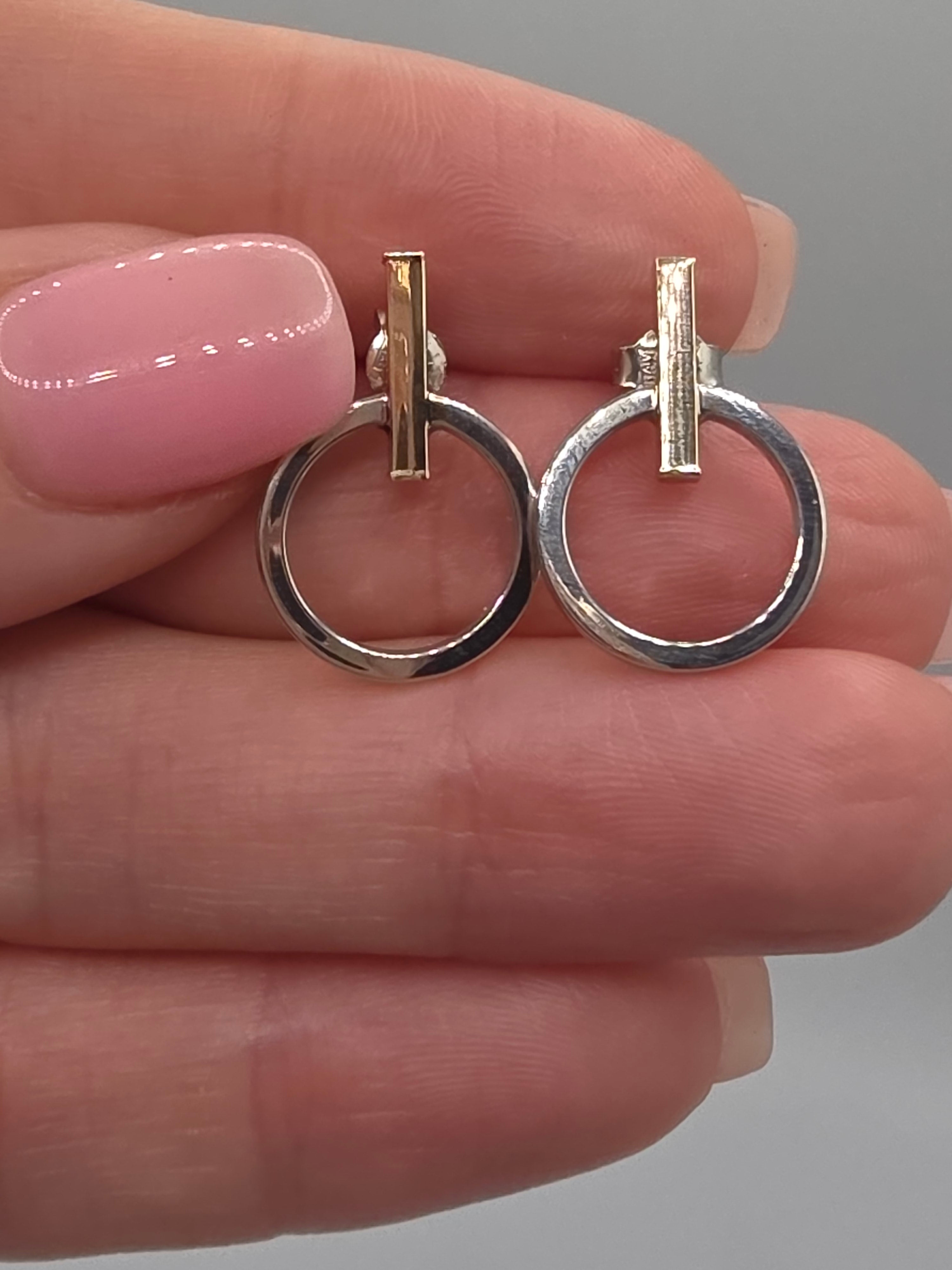 LLJ Lindsey Leigh 14K White Rose Gold Bar Circle Geometric Stud Earrings Italy
