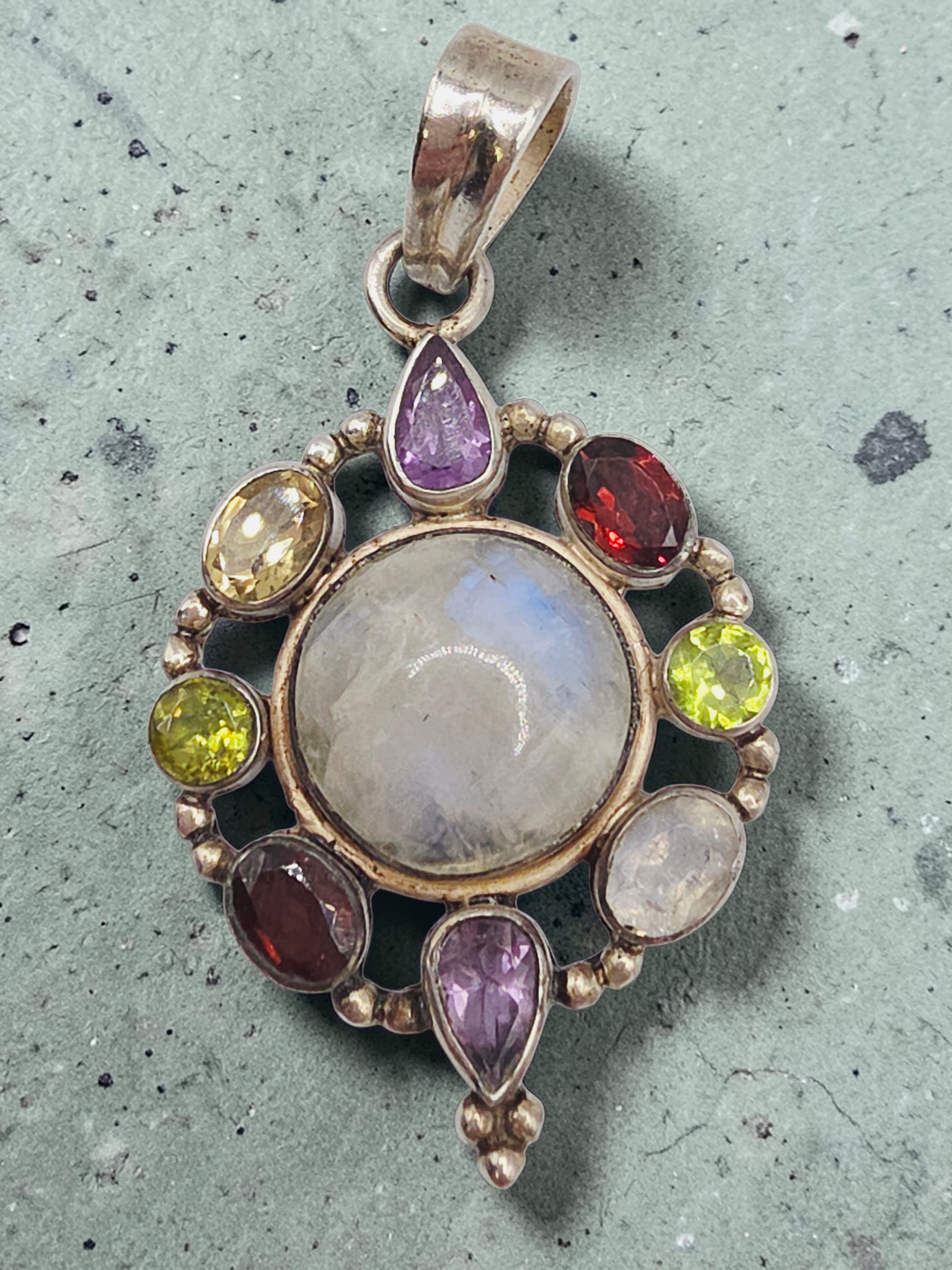 925 Sterling Silver Moonstone Pendant with Amethyst Garnet Peridot Halo