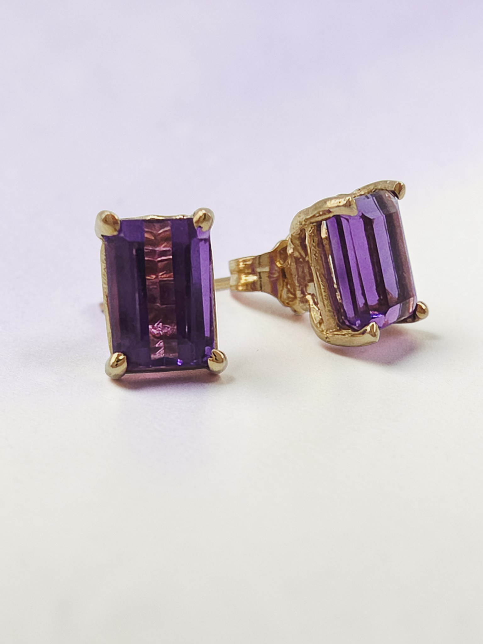 Solid 14K Yellow Gold Emerald Cut Amethyst Stud Earrings