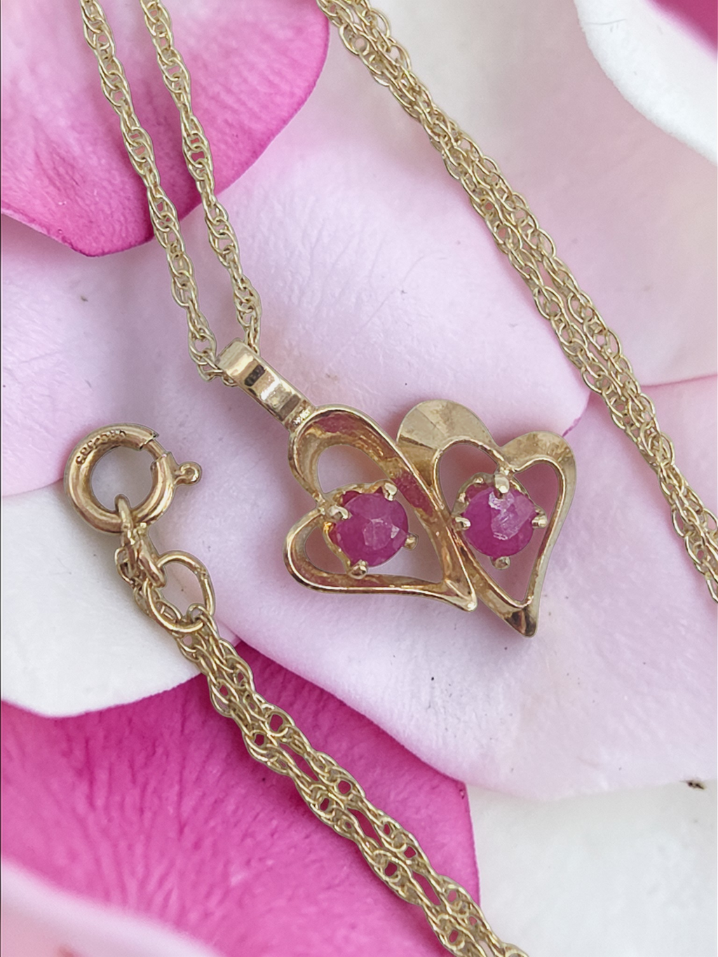 Solid 14K Yellow Gold Double Ruby Heart Pendant Necklace - 18 Inch