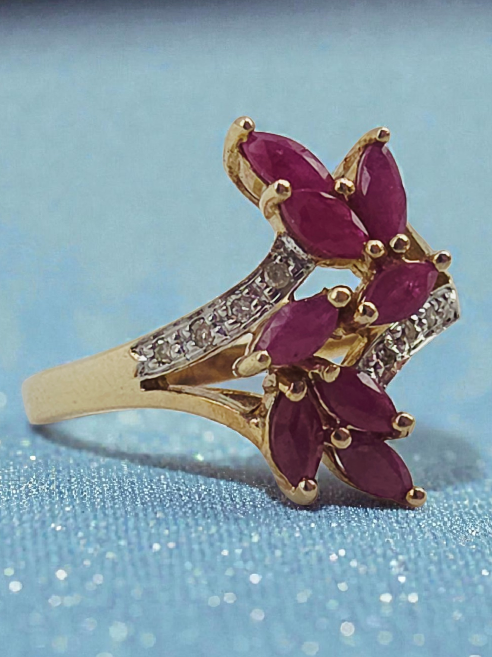 Solid 10K Gold Ring with Marquise-Cut Ruby Cluster & Diamond Accents - Size 6.75