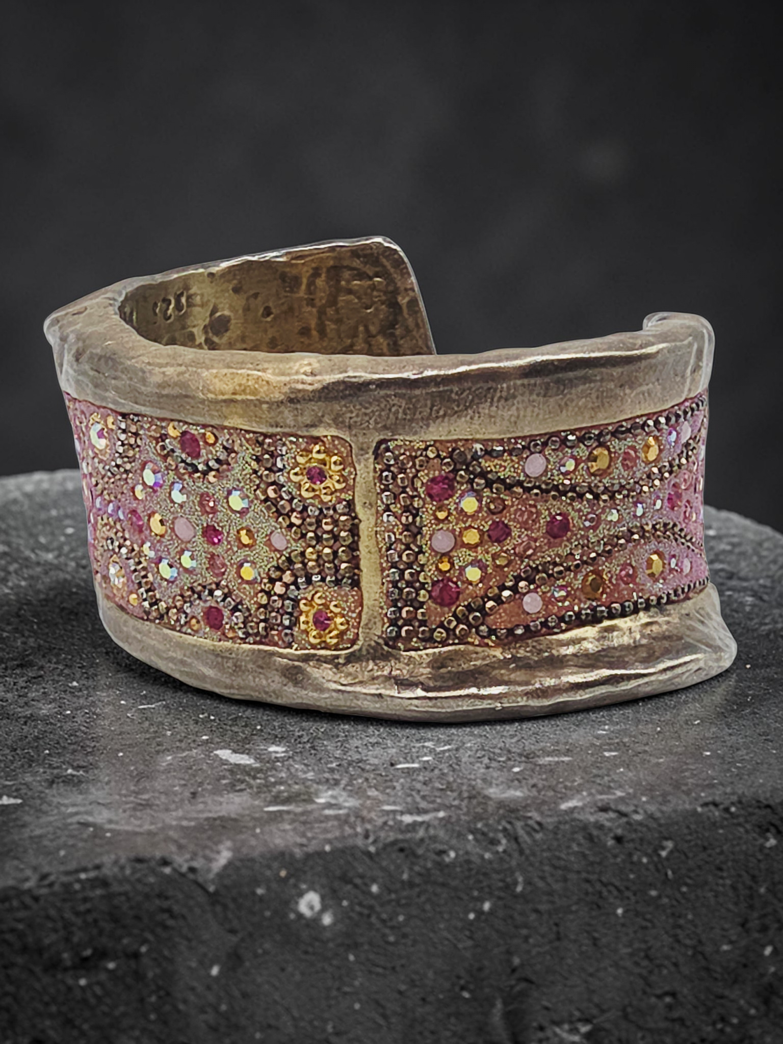 925 Sterling Silver Gold Vermeil Cuff Bracelet with Crystal Beadwork