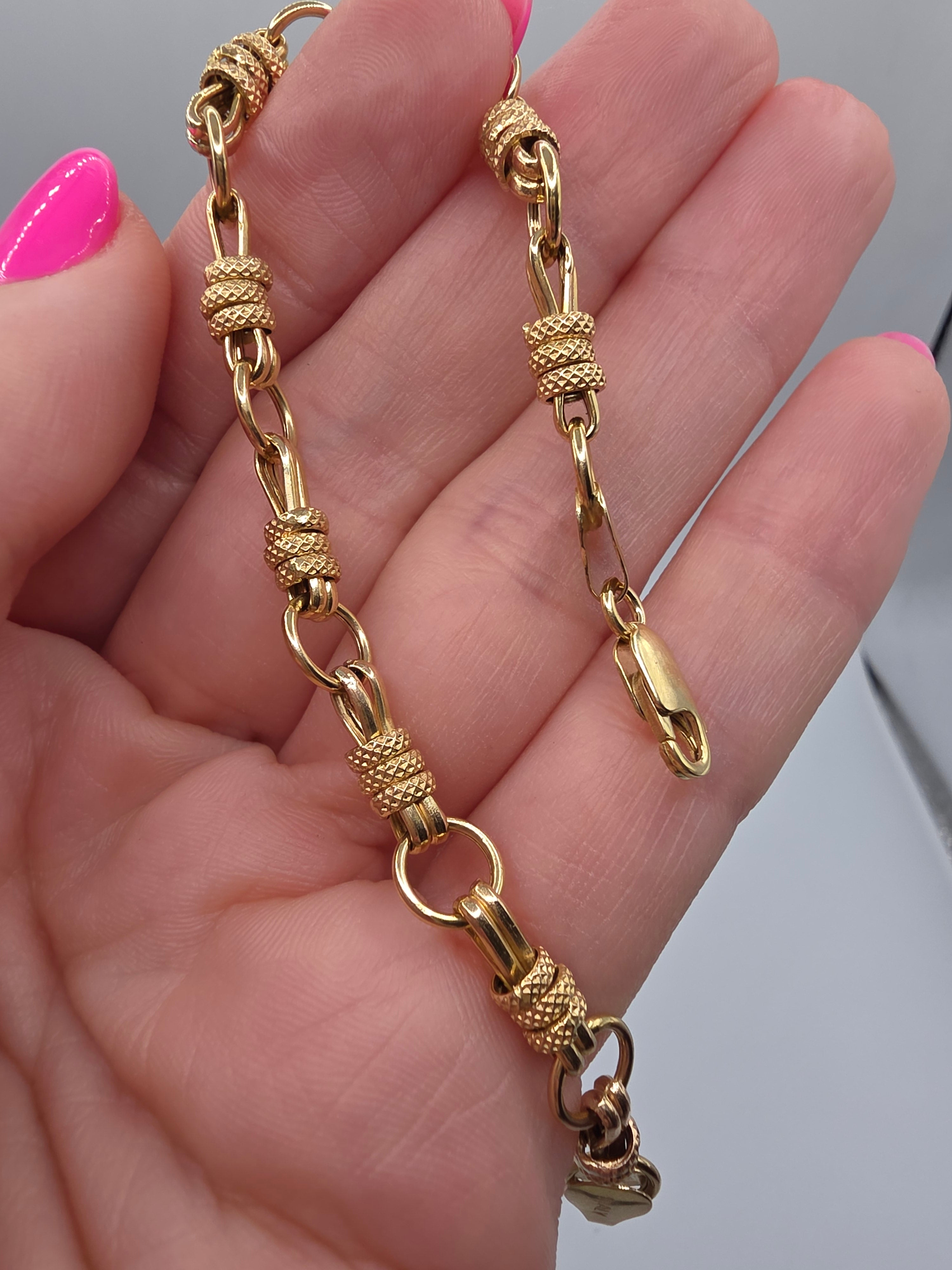 Unique Vintage Solid 14K Yellow Gold Station Link Bracelet - 7 Inch