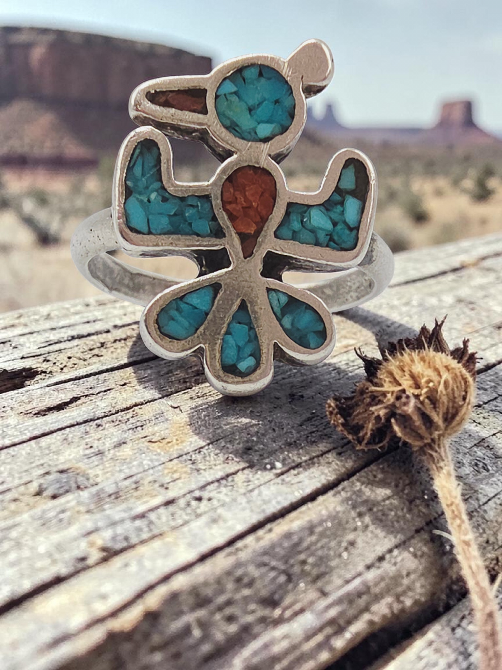 Southwestern Sterling Silver Turquoise & Coral Inlay Thunderbird Ring Size 7.75
