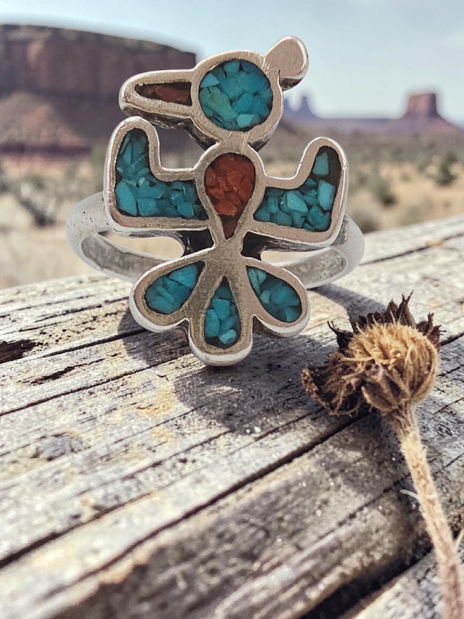 Southwestern Sterling Silver Turquoise & Coral Inlay Thunderbird Ring Size 7.75