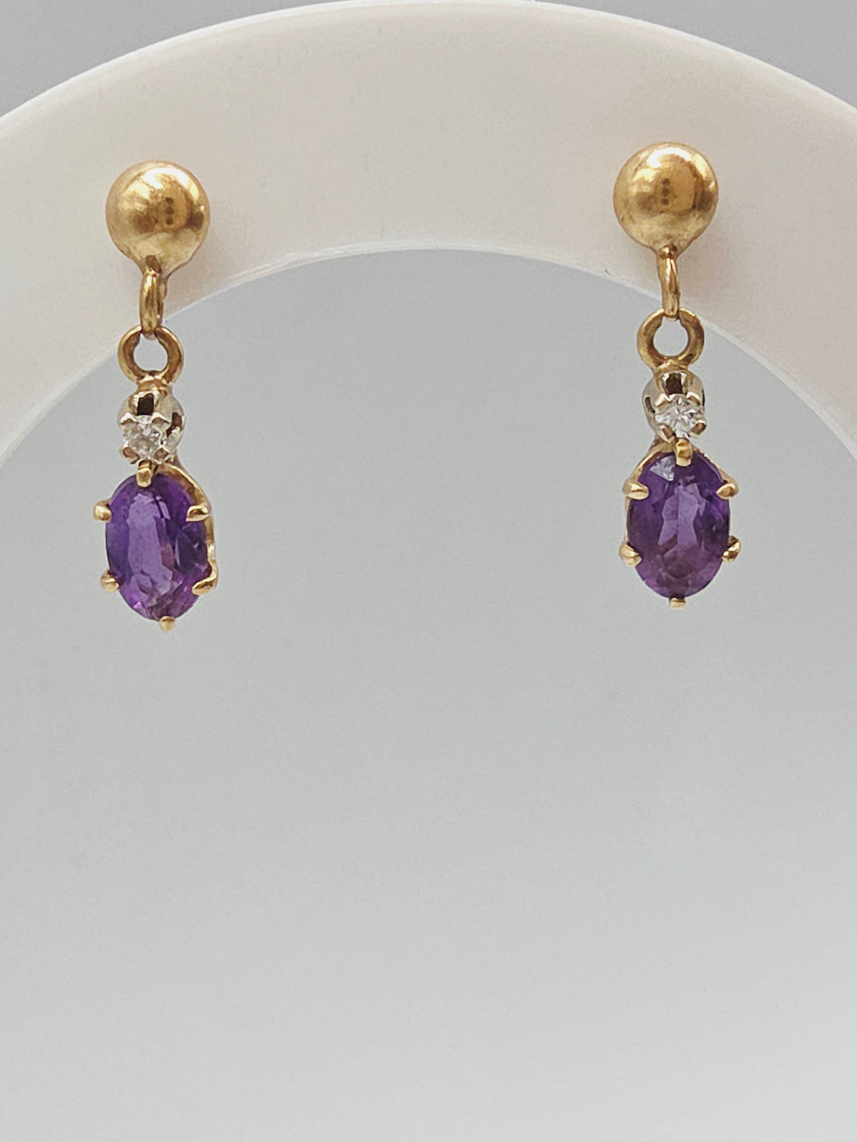 Solid 14K Yellow Gold Amethyst Dangle Drop Earrings with Diamond Accents