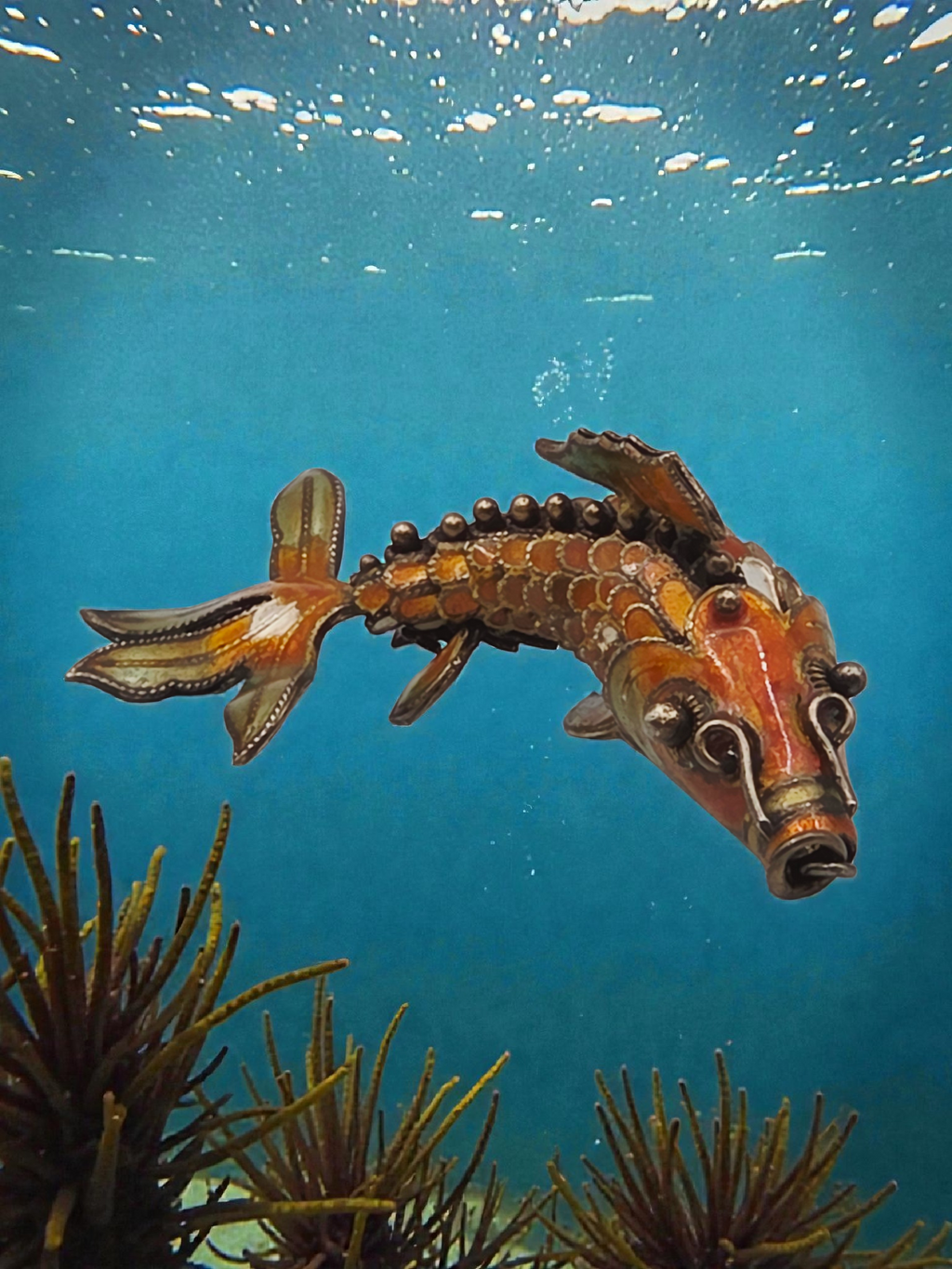 925 Sterling Silver Orange Enamel Koi Fish Articulating Necklace Pendant