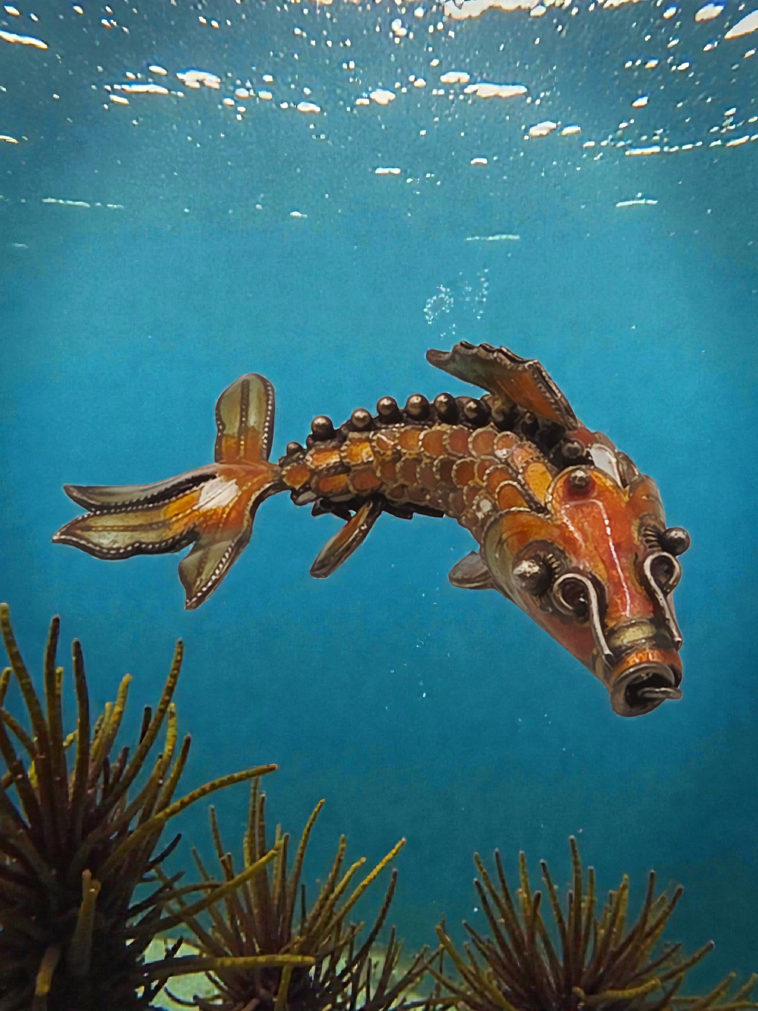 925 Sterling Silver Orange Enamel Koi Fish Articulating Necklace Pendant