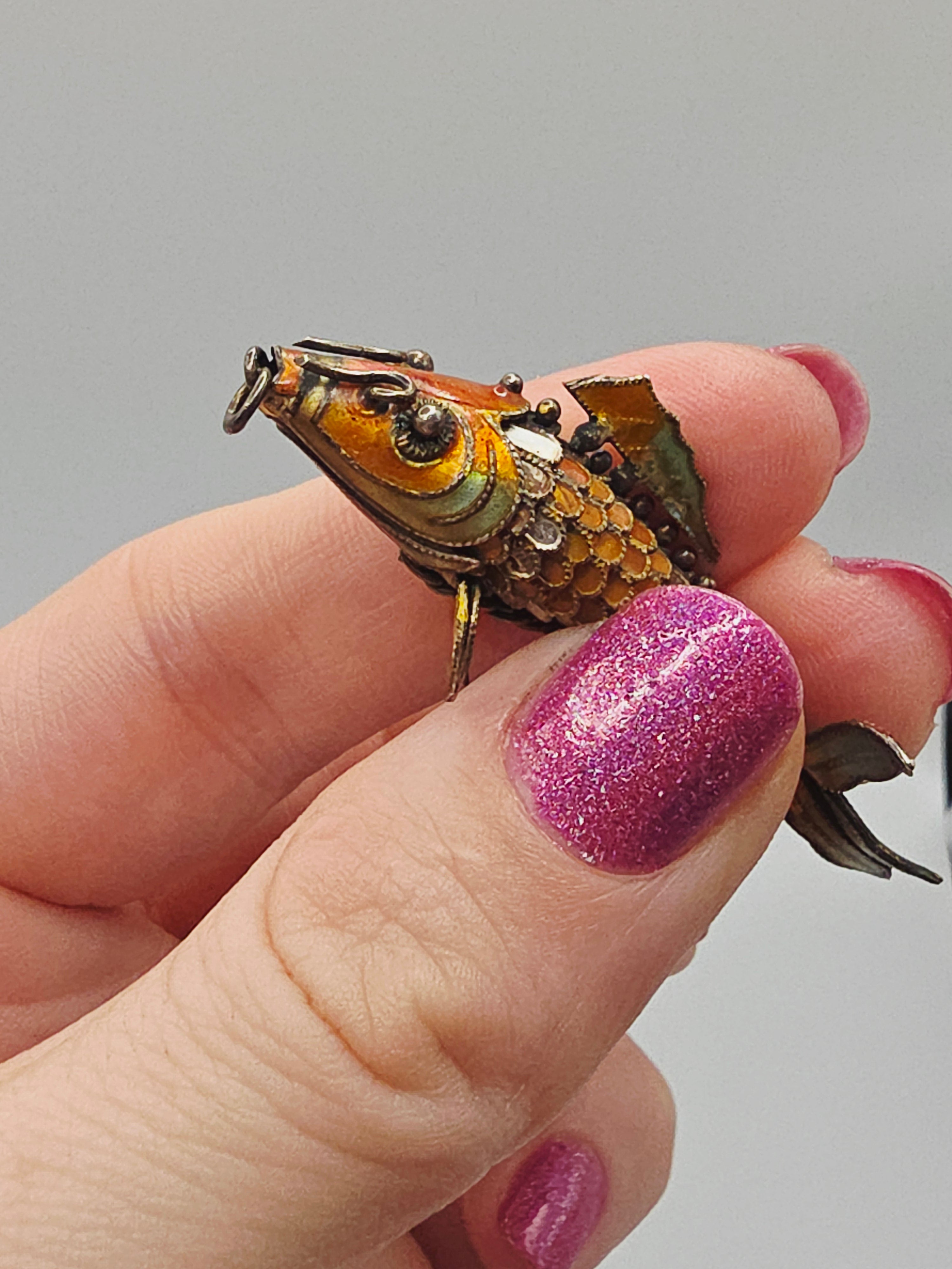 925 Sterling Silver Orange Enamel Koi Fish Articulating Necklace Pendant