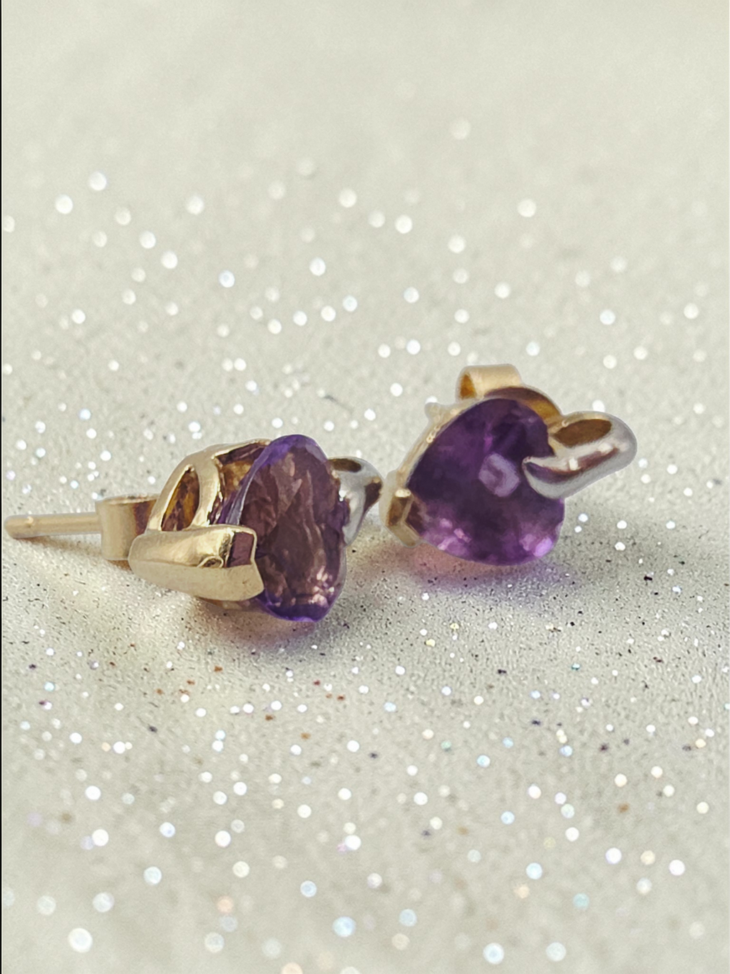 Solid 10 Two-Tone Gold Stud Earrings with Heart-Cut Amethyst