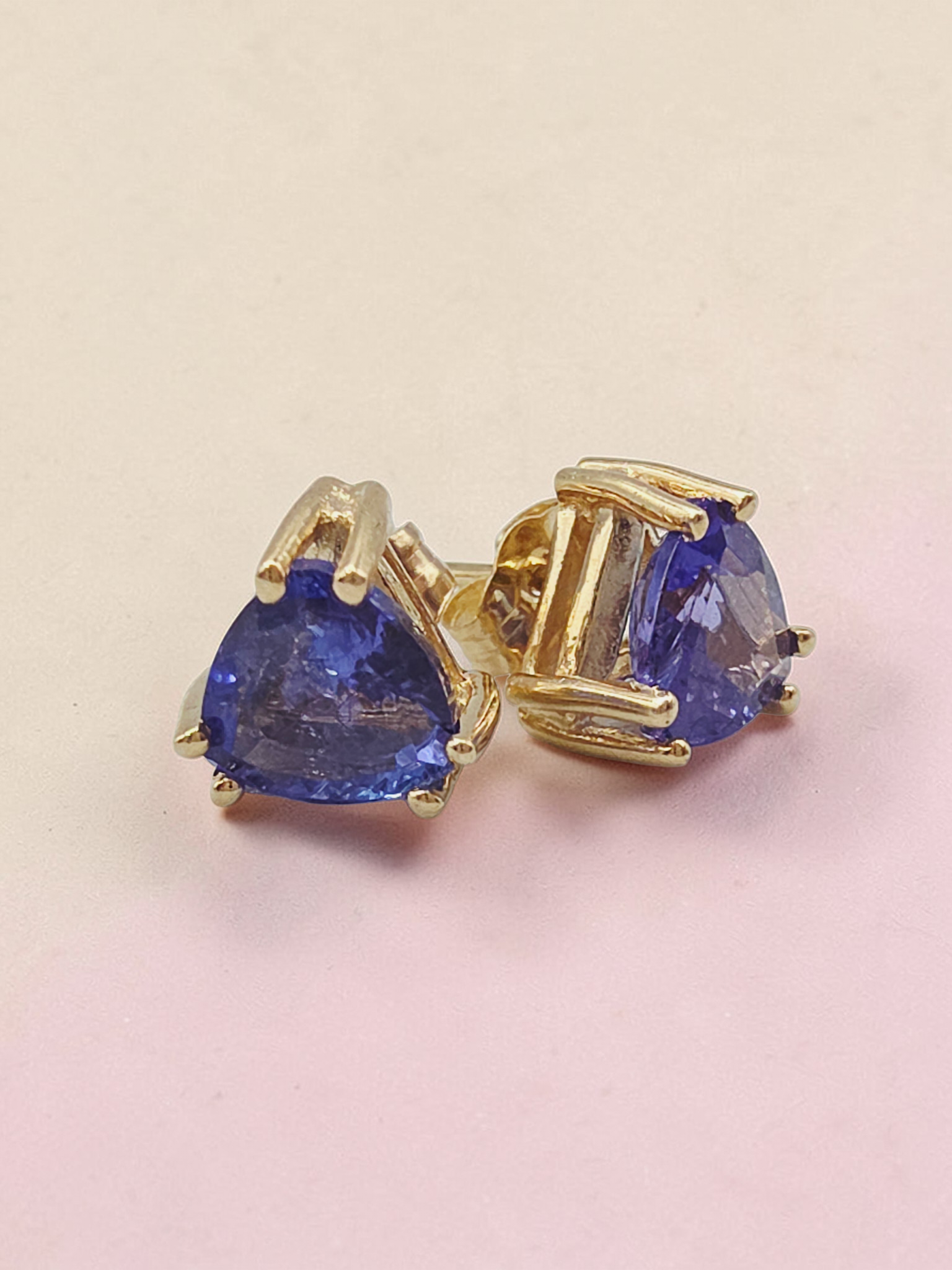 Solid 14K Yellow Gold Trillion Cut Iolite Stud Earrings - Eagle Prongs