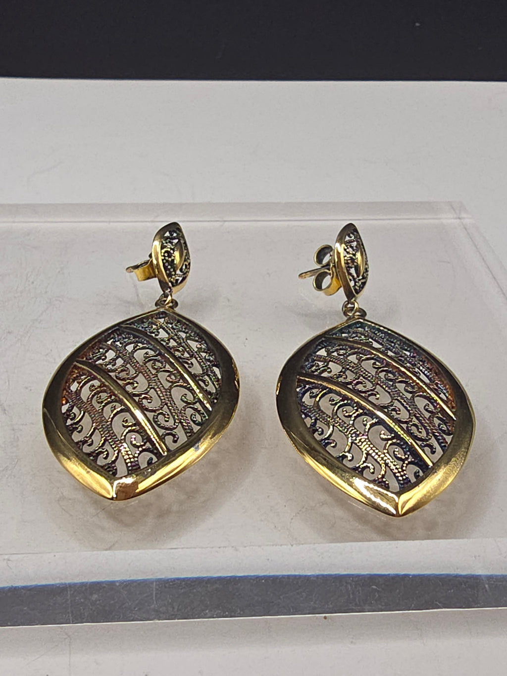 Veronese Italy 925 Sterling Silver Gold Vermeil Rainbow Patina Filigree Earrings