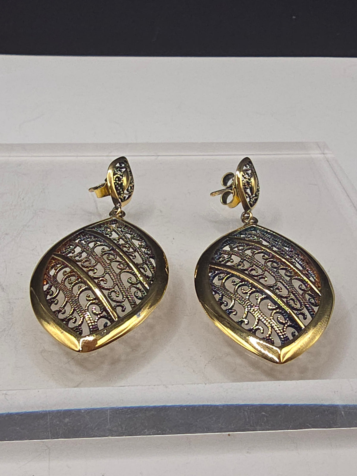 Veronese Italy 925 Sterling Silver Gold Vermeil Rainbow Patina Filigree Earrings