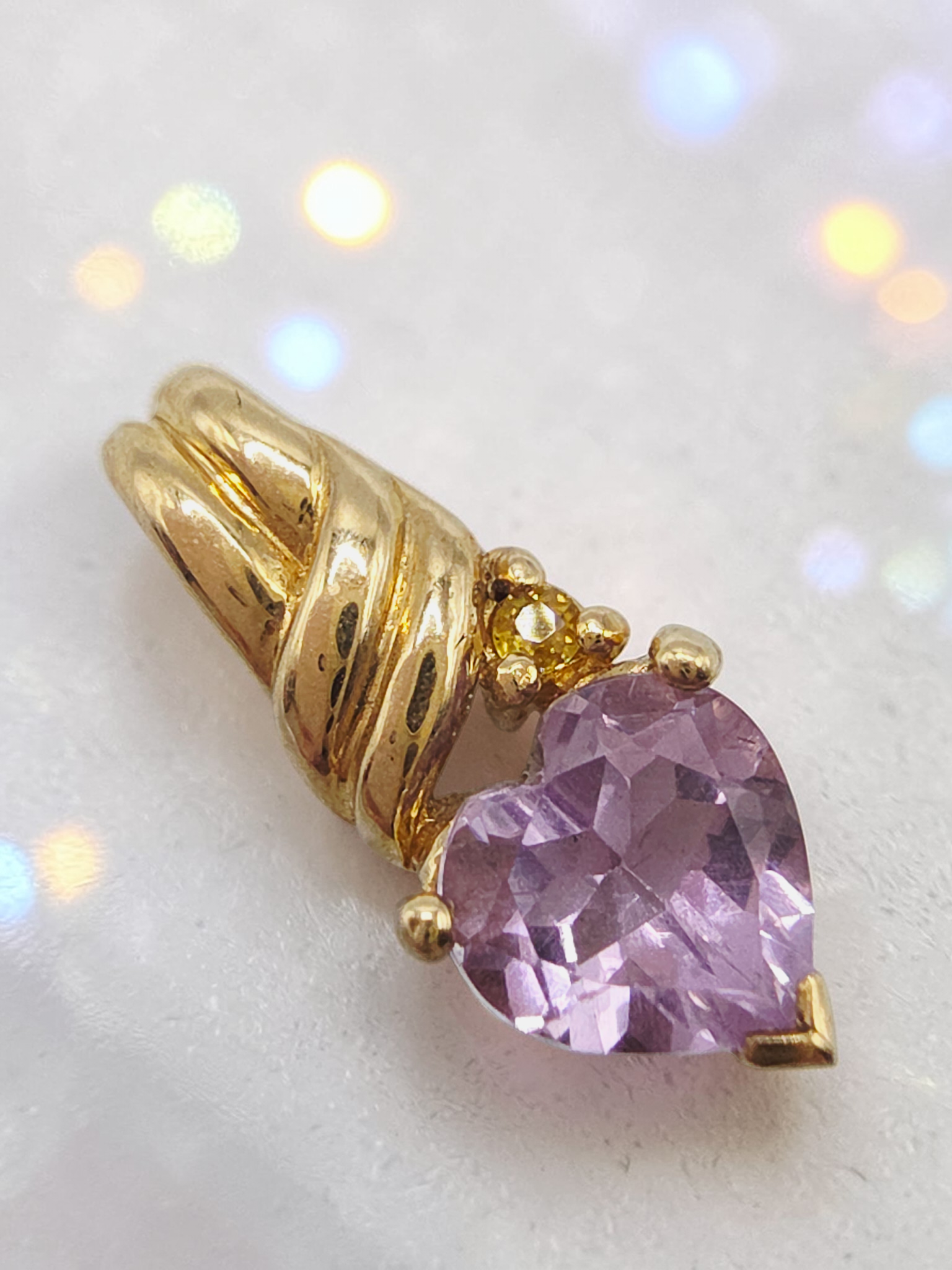 Solid 10K Yellow Gold Heart Cut Amethyst Pendant with Citrine Accent