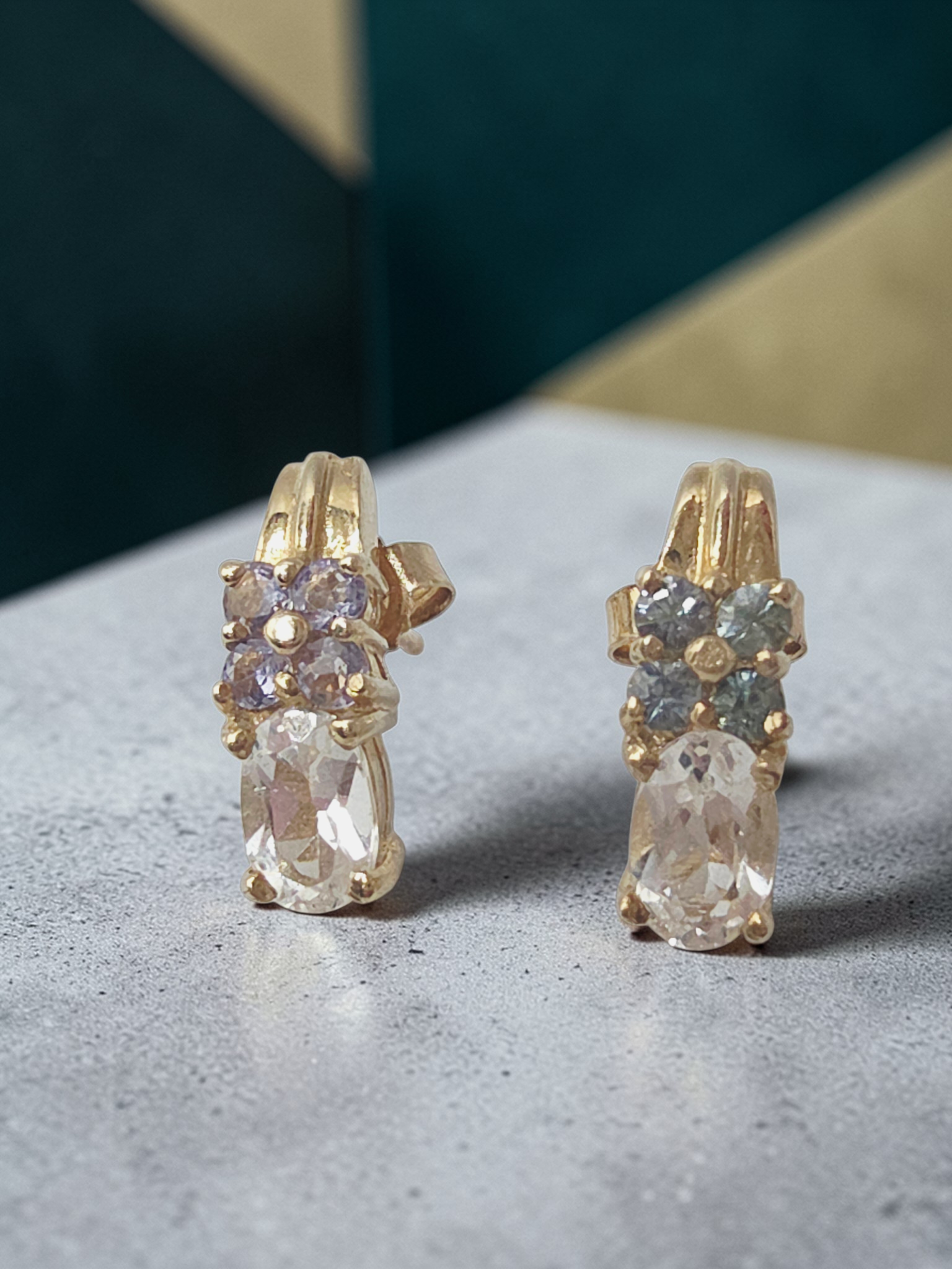 Solid 10K Yellow Gold White Topaz Stud Earrings with Blue & Purple Gemstones