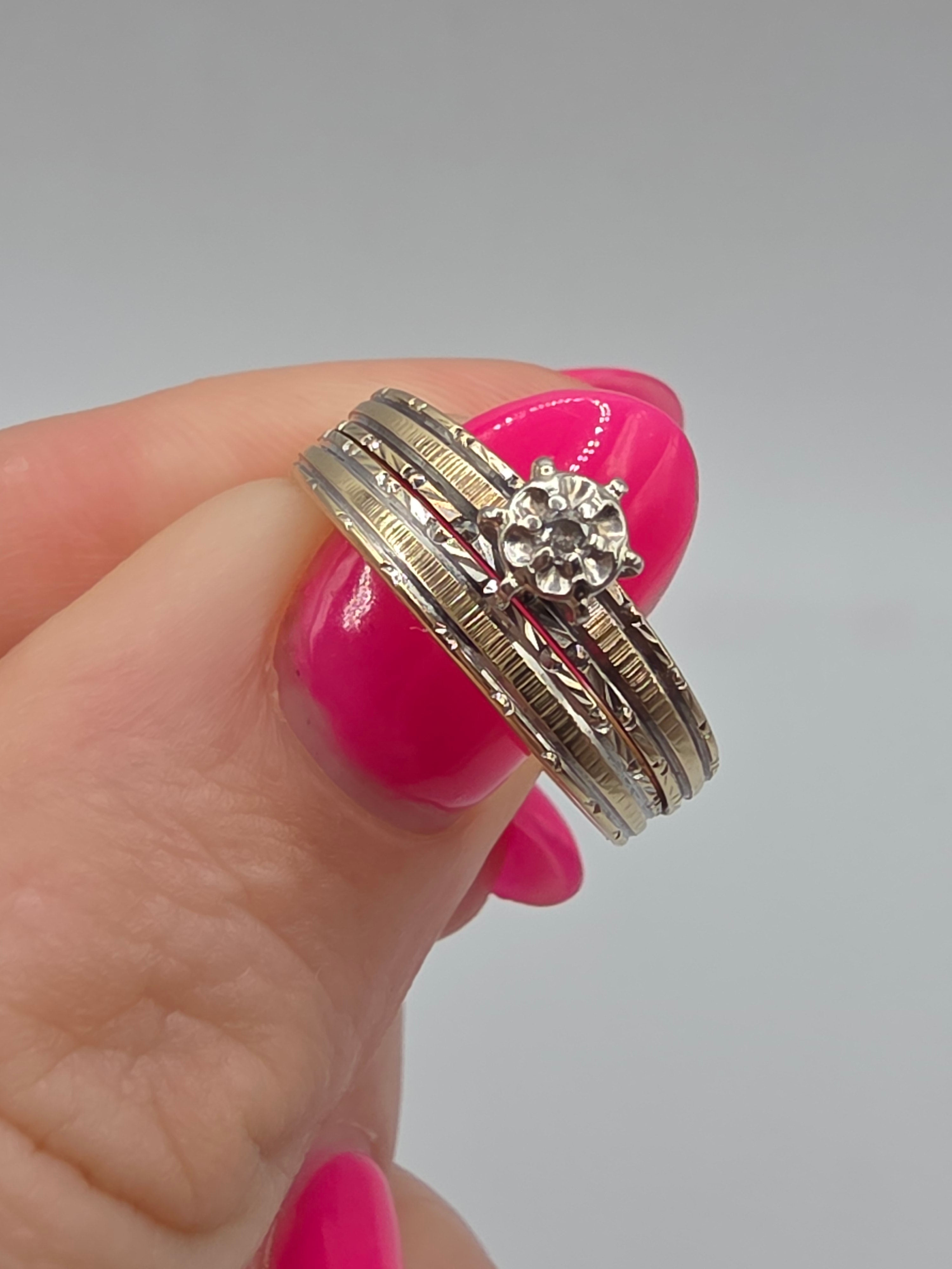 Vintage Love Story Solid 10K Two Tone Gold Diamond Bridal Wedding Ring Set Sz 7