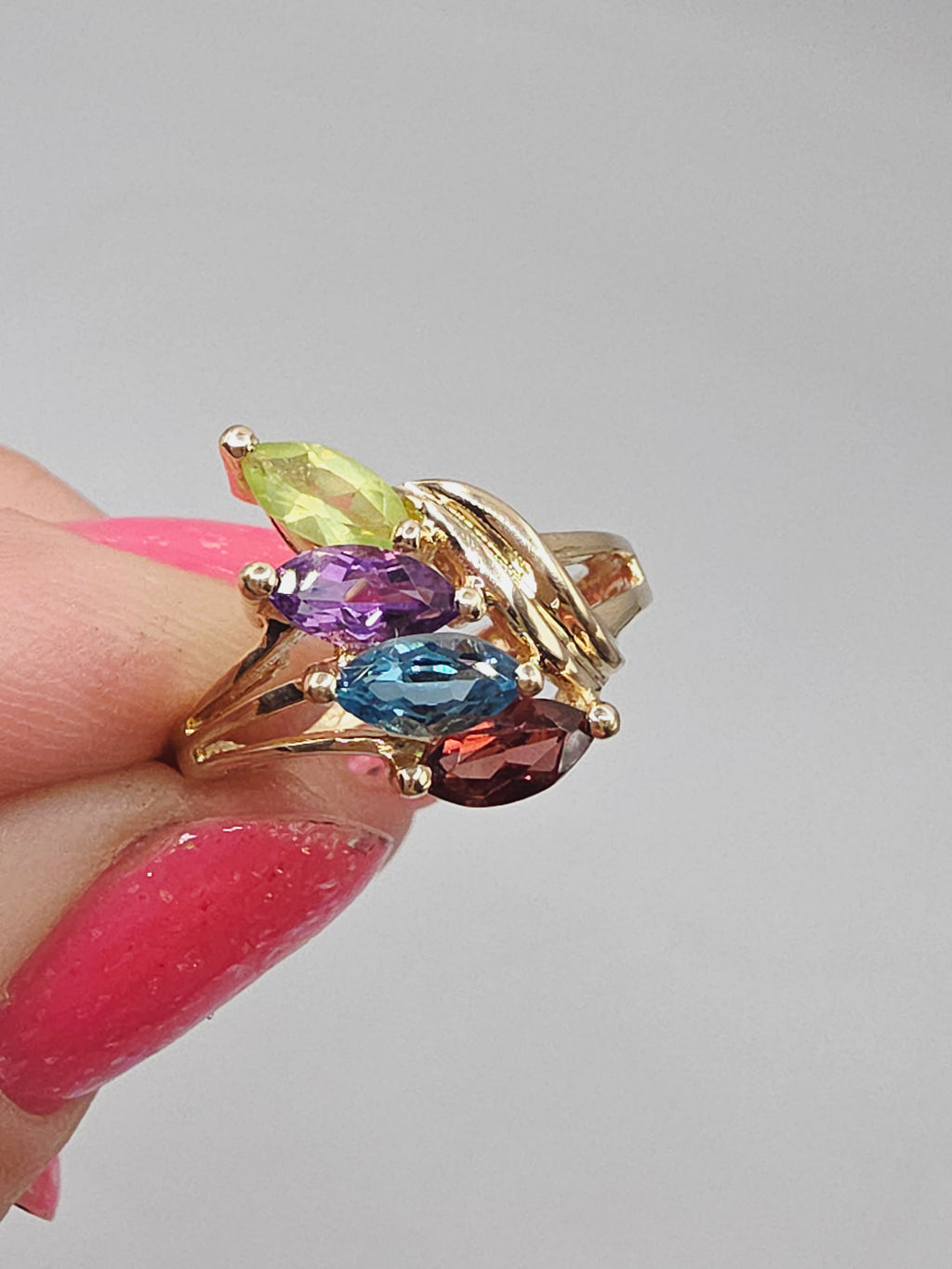 Solid 10K Yellow Gold Ring with Topaz Amethyst Peridot Garnet - Size 5