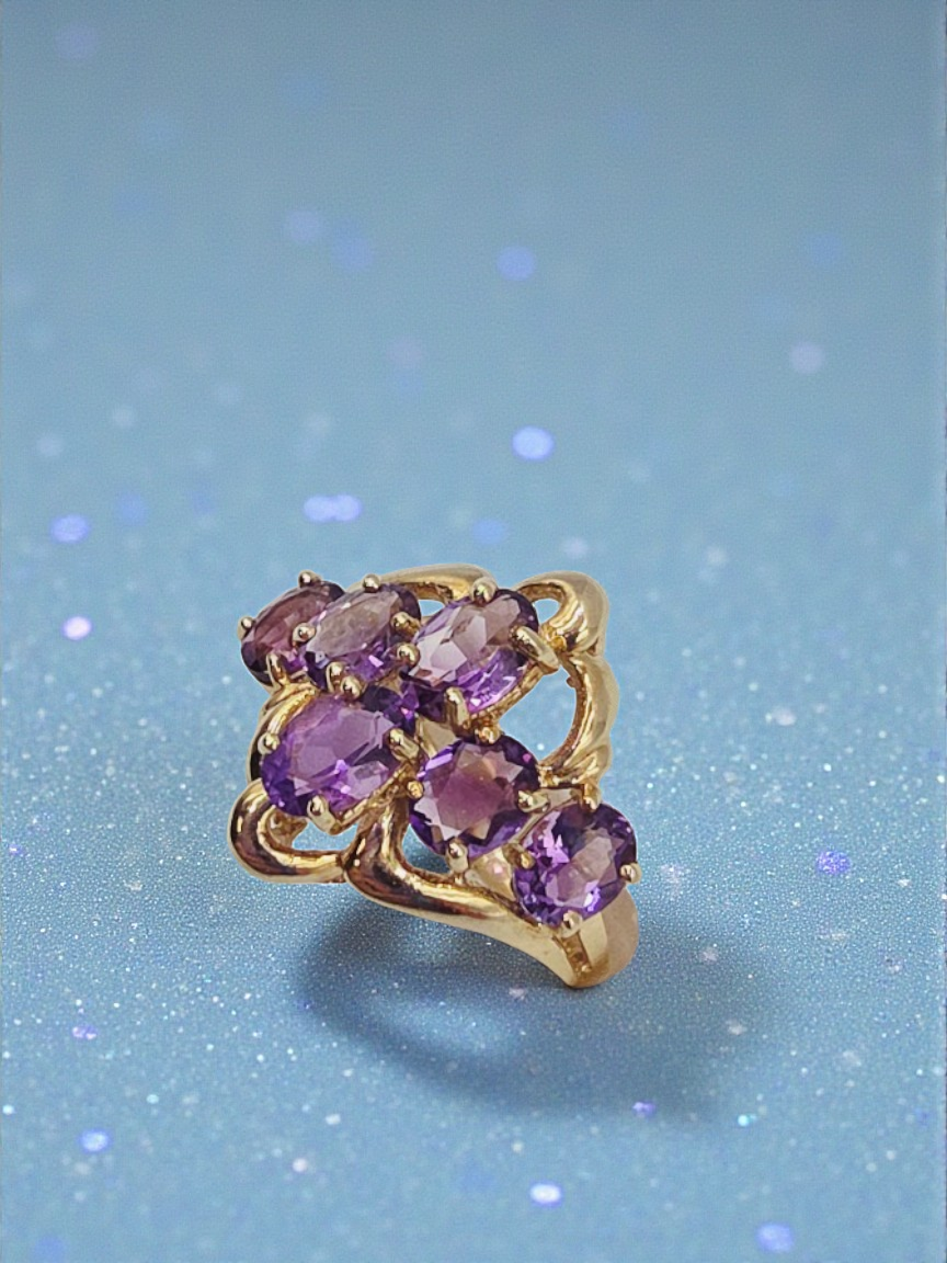 Solid 10K Yellow Gold Ring with Amethyst Cluster- Size 6