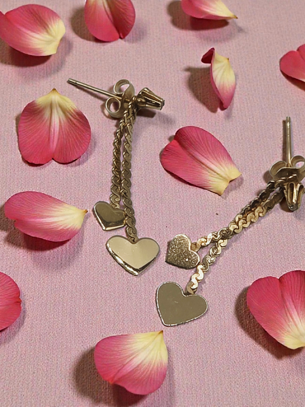 Vintage NABCO Solid 14K Gold Dangle Heart Earrings with White Topaz Accents