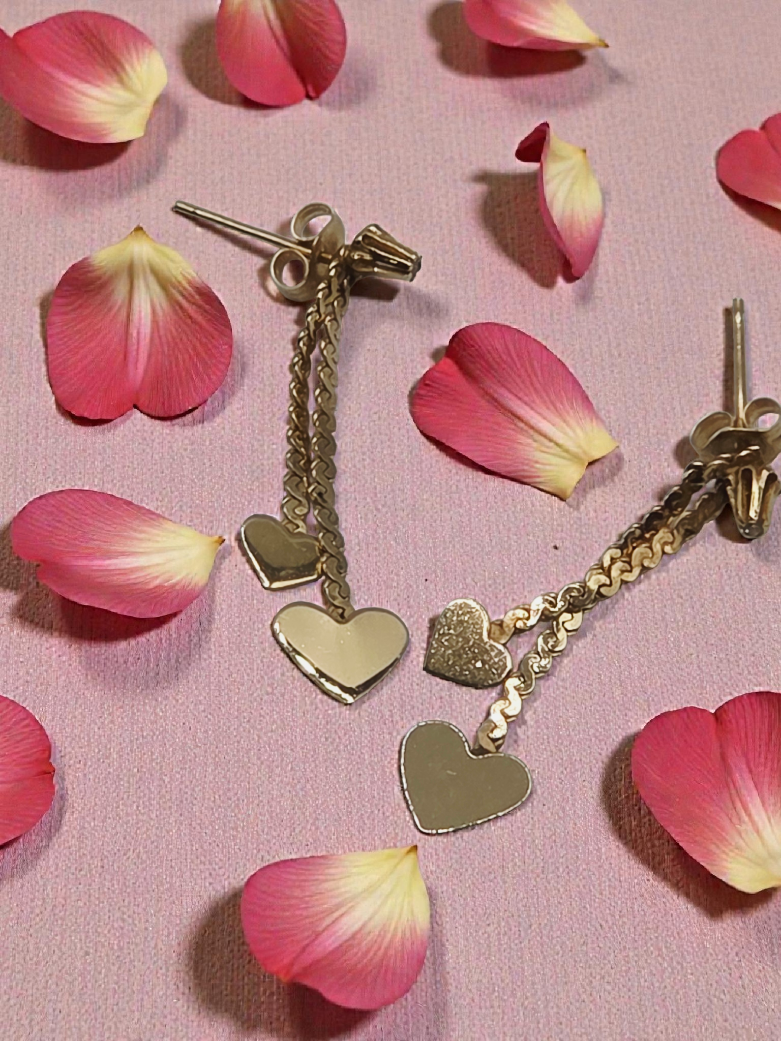 Vintage NABCO Solid 14K Gold Dangle Heart Earrings with White Topaz Accents