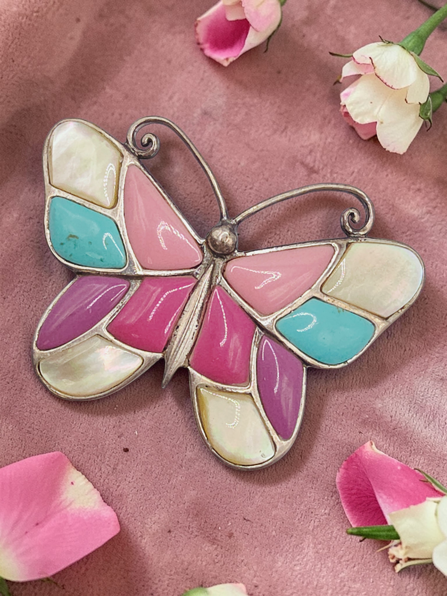 925 Sterling Silver Butterfly Pendant with Turquoise, Enamel & Mother of Pearl
