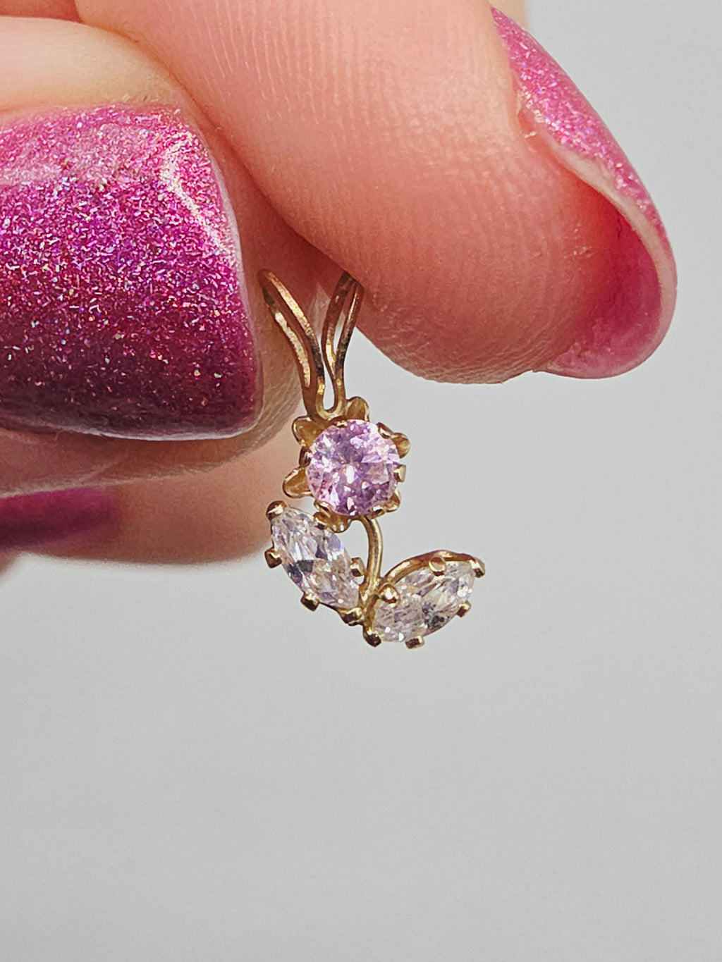 Solid 10K Yellow Gold Flower Necklace Pendant with Pink & White CZs