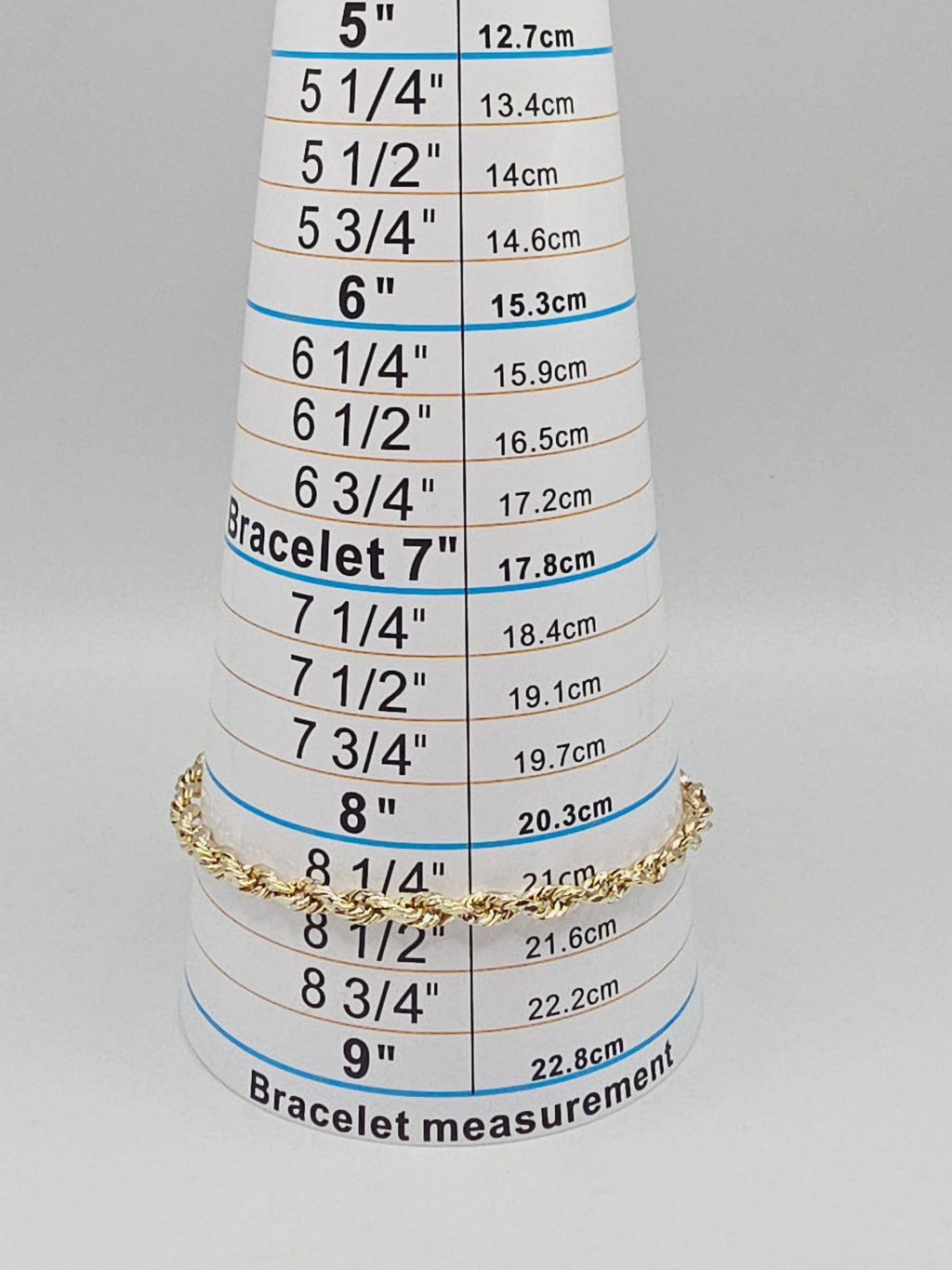 Solid 10K Yellow Gold Rope Chain Bracelet 8.25 Inches