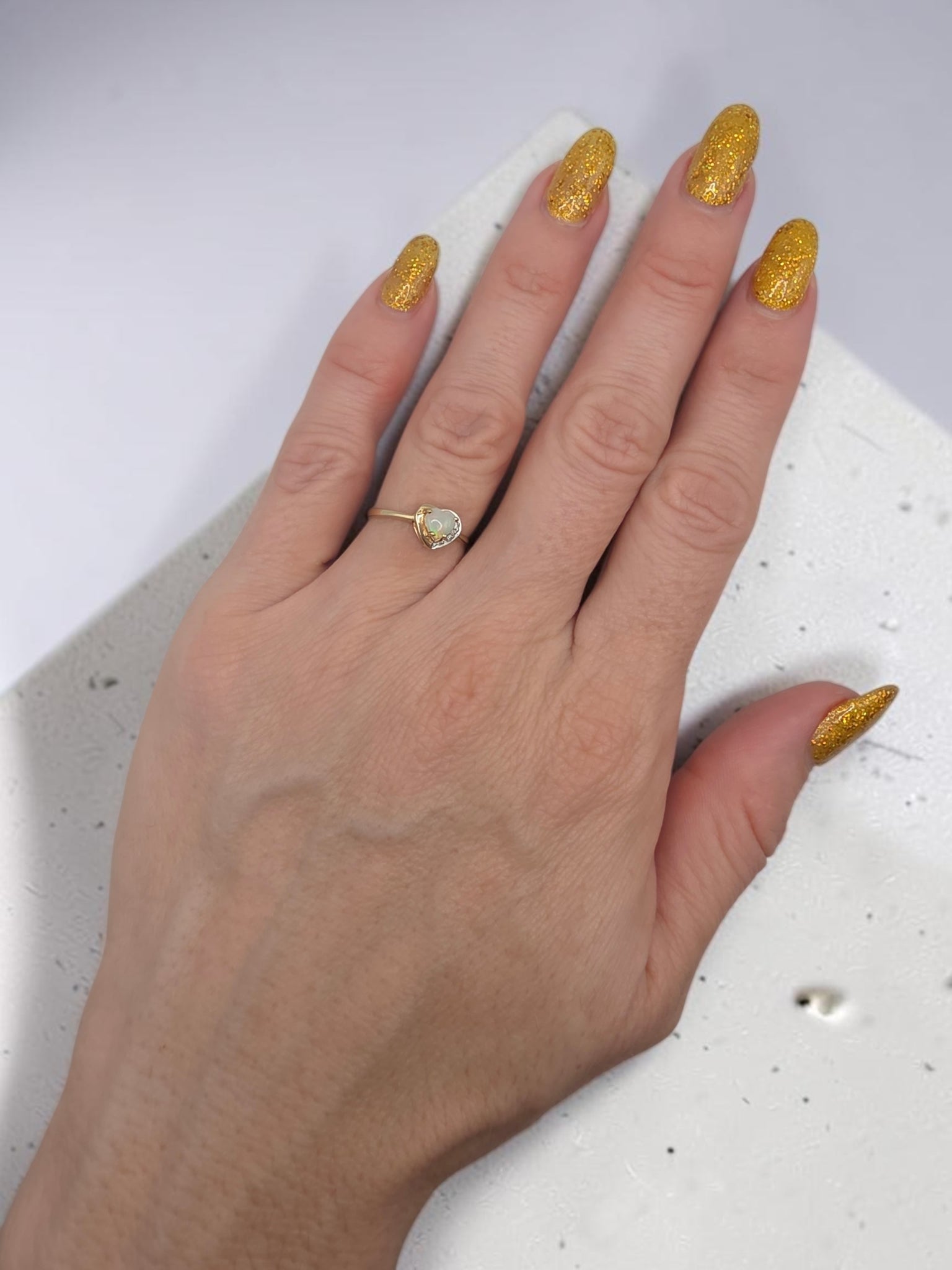 Solid 10K Yellow Gold Heart Cut Opal Ring with Natural Diamond Accents Size 6.25