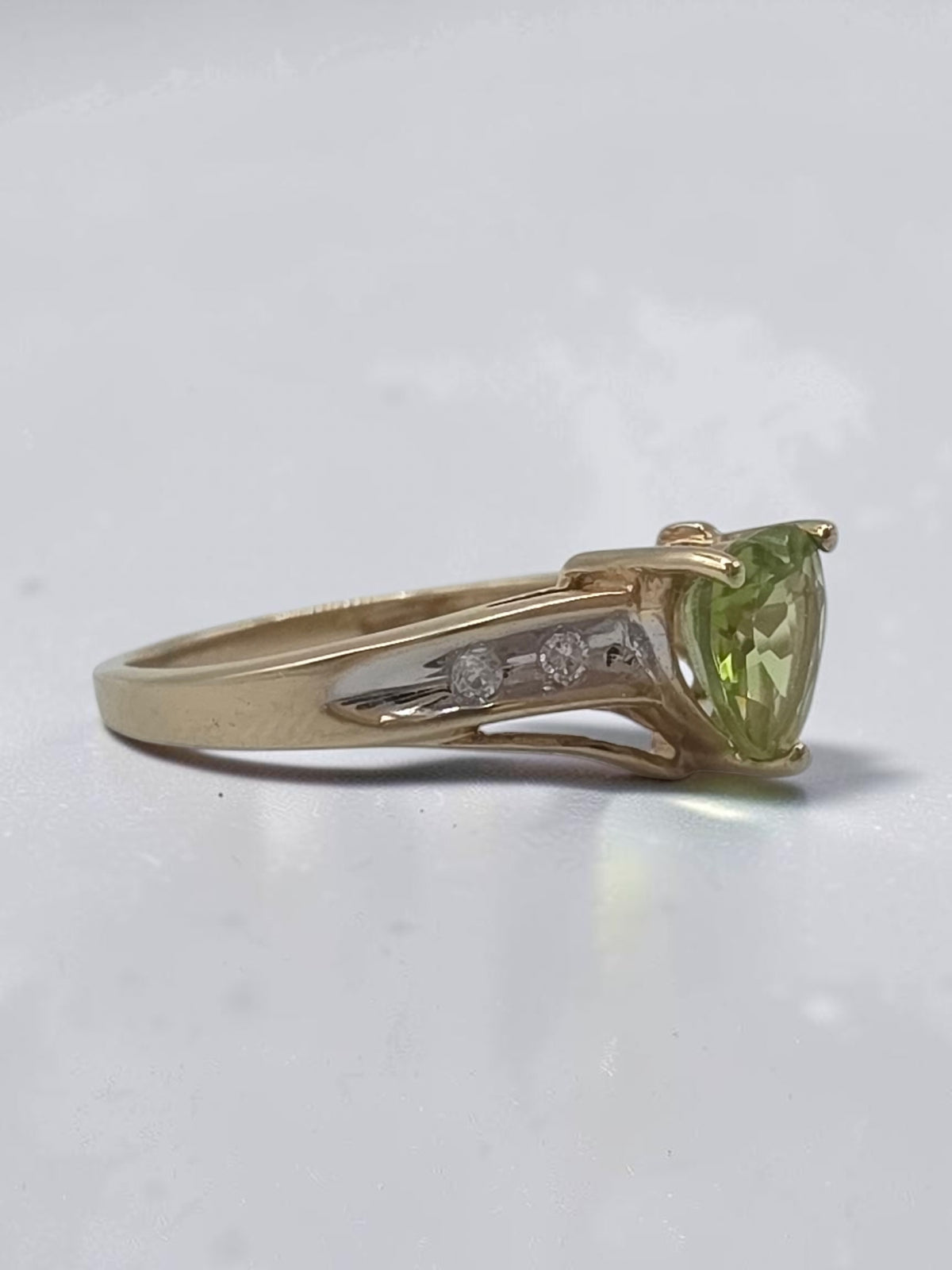 Solid 10K Yellow Gold Heart Cut Green Peridot Ring with CZ Accents - Size 6