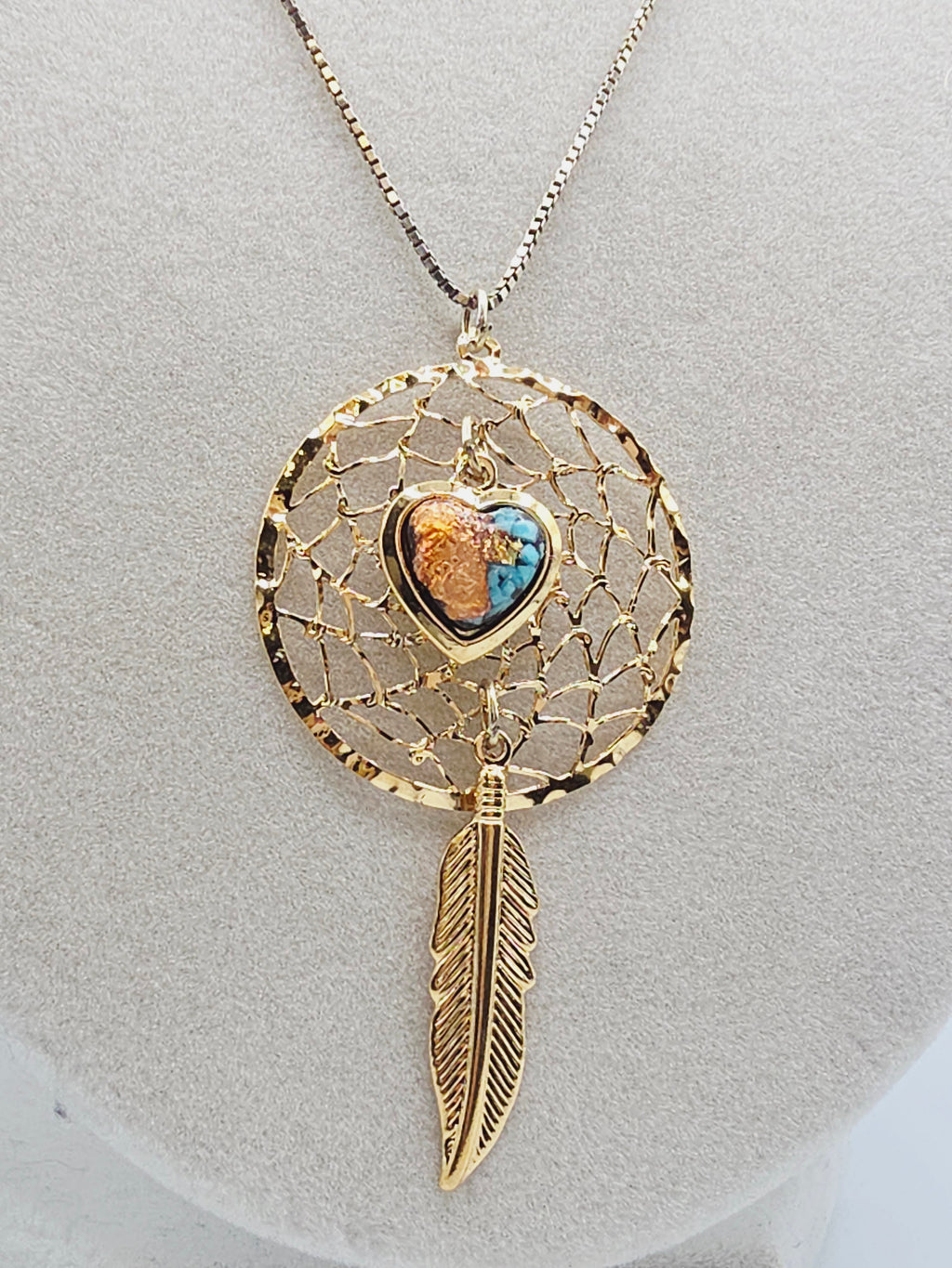Turquoise Heart Feather Dreamcatcher Pendant with Sterling Silver Italy Necklace