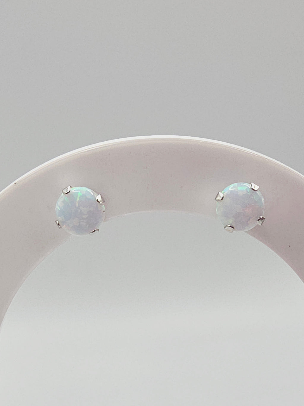 Solid 10K White Gold Opal Stud Earrings Round Cabochon October Birthstone
