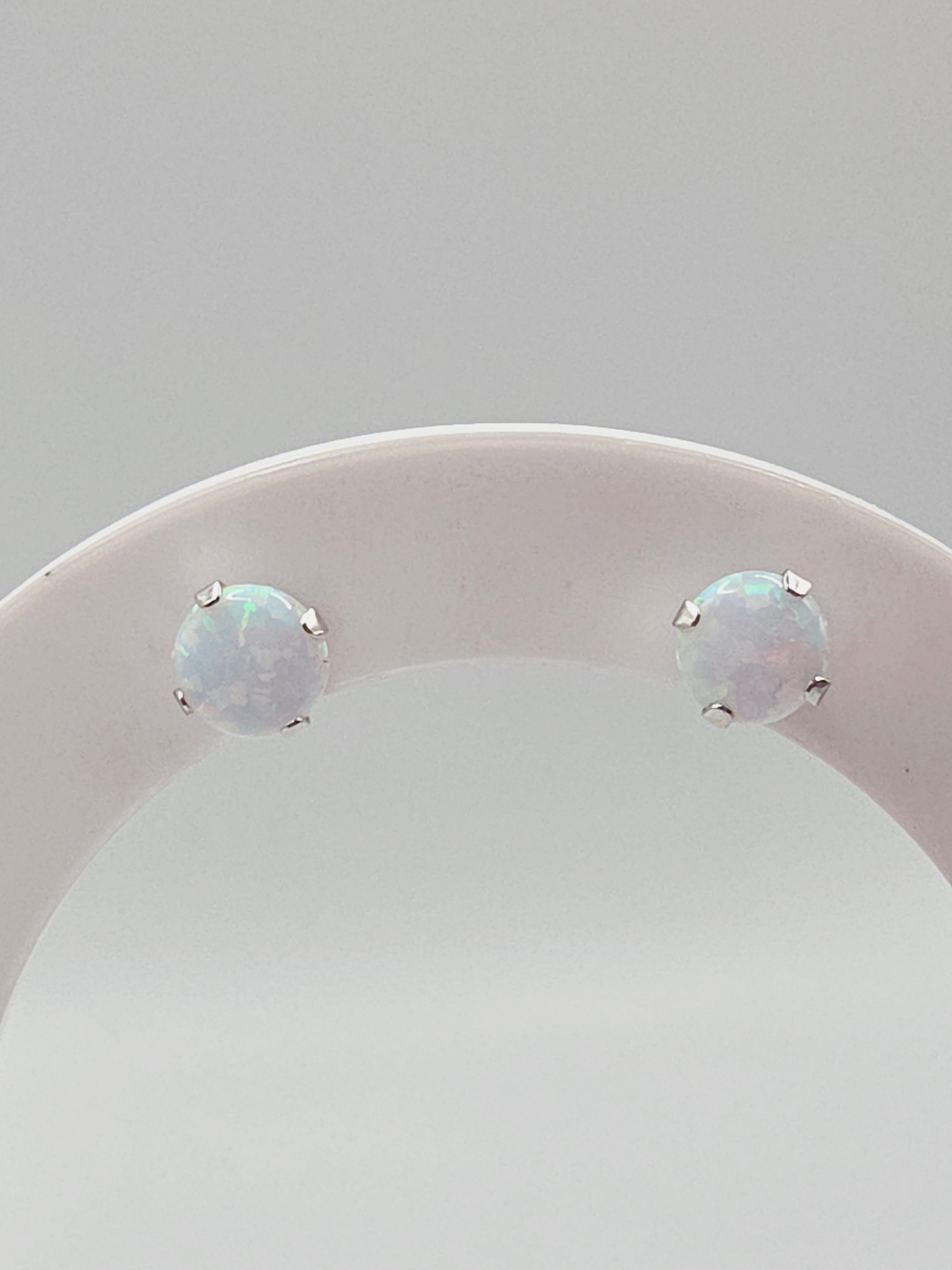 Solid 10K White Gold Opal Stud Earrings Round Cabochon October Birthstone