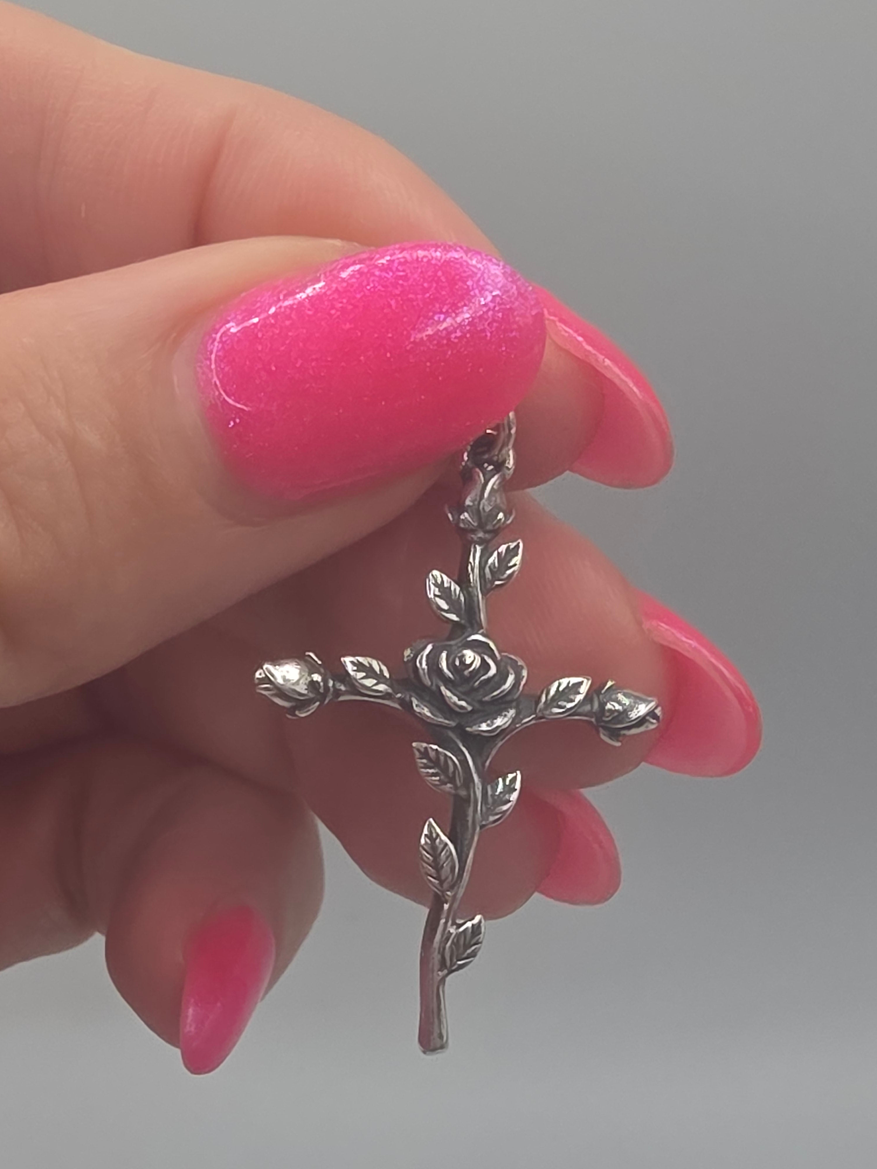 RETIRED James Avery 925 Sterling Silver Rose Covered Cross Charm Pendant Rosebud