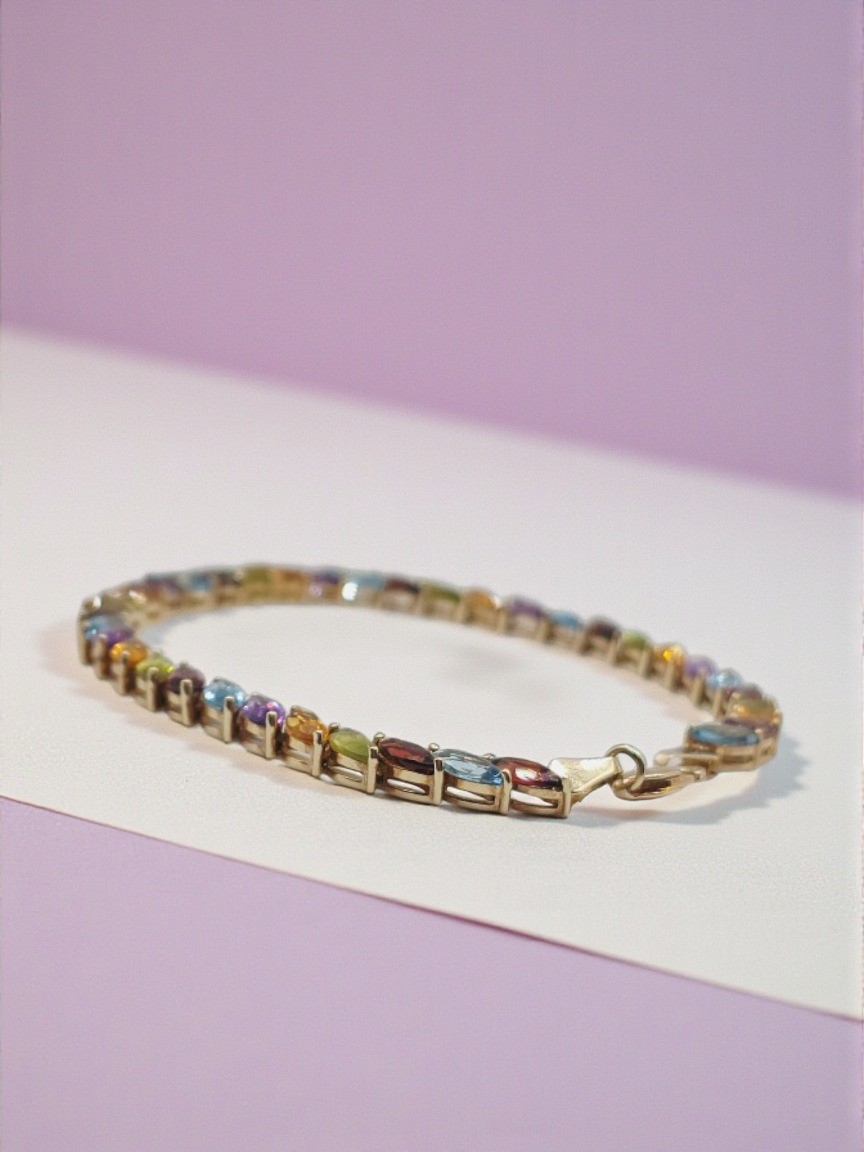 Solid 14K Gold Bracelet with Garnet, Topaz, Citrine, Peridot, Amethyst 7.25 Inch