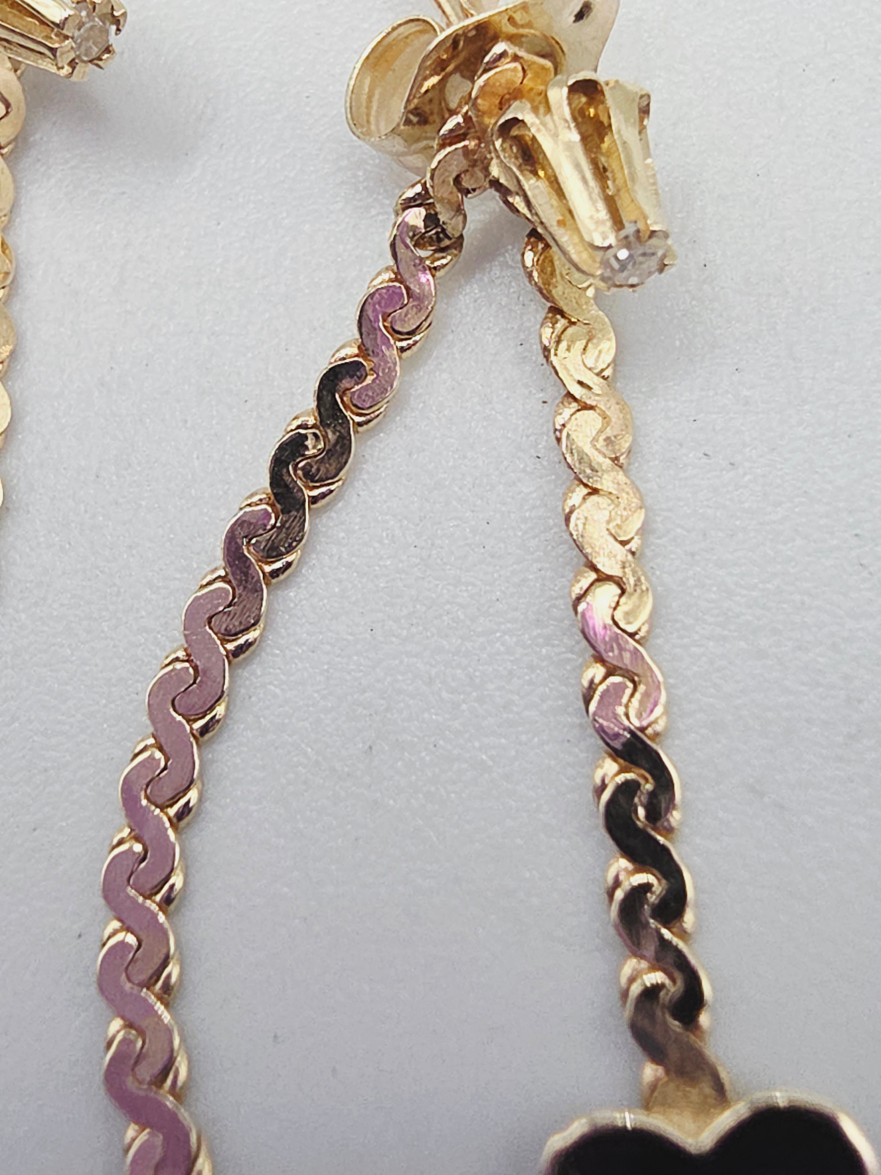 Vintage NABCO Solid 14K Gold Dangle Heart Earrings with White Topaz Accents