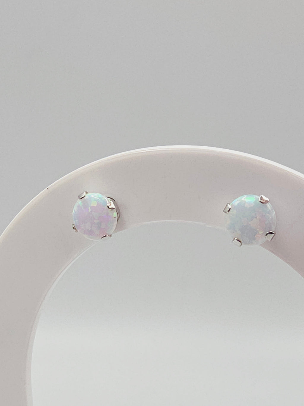 Solid 10K White Gold Opal Stud Earrings Round Cabochon October Birthstone