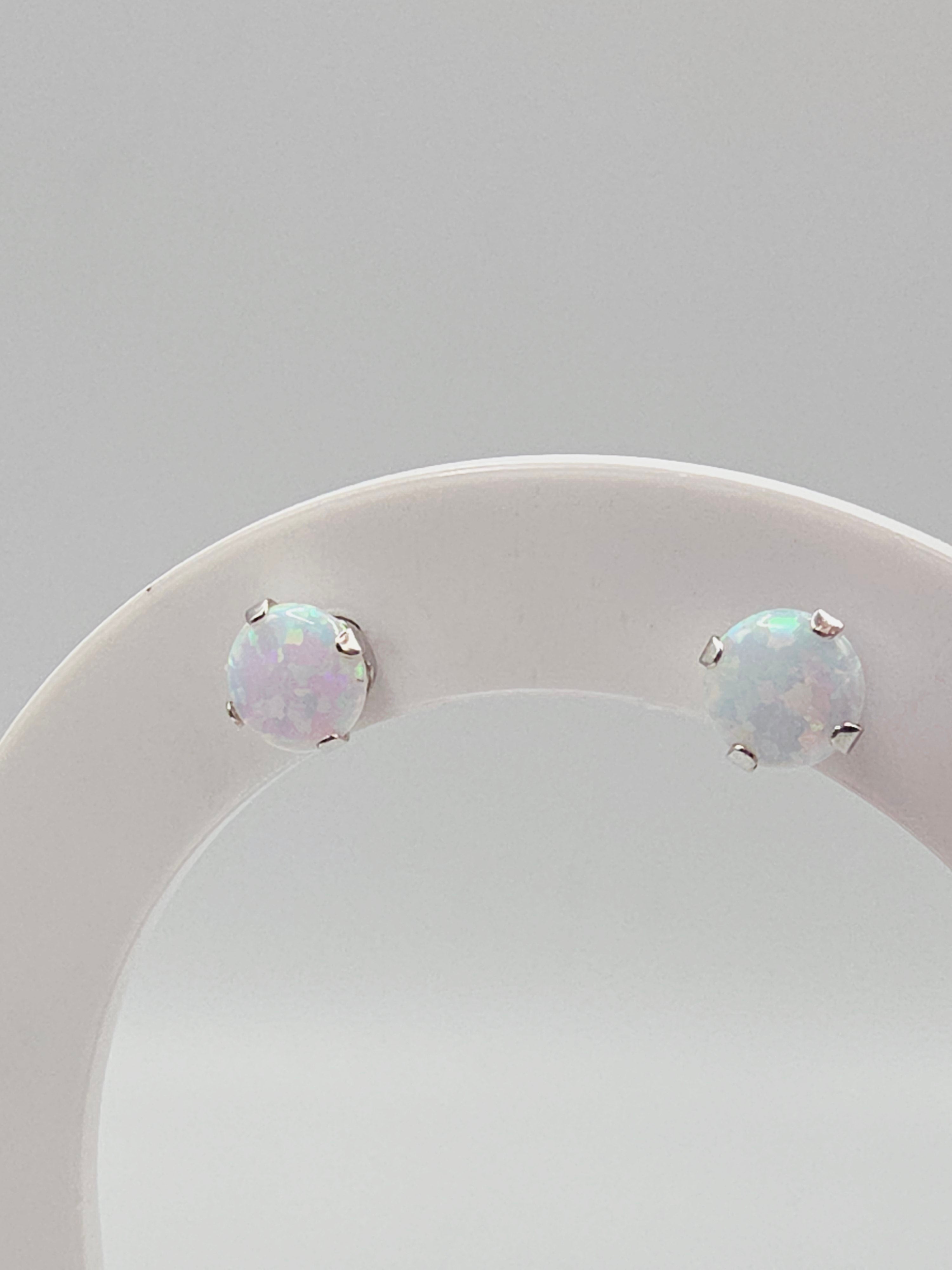 Solid 10K White Gold Opal Stud Earrings Round Cabochon October Birthstone