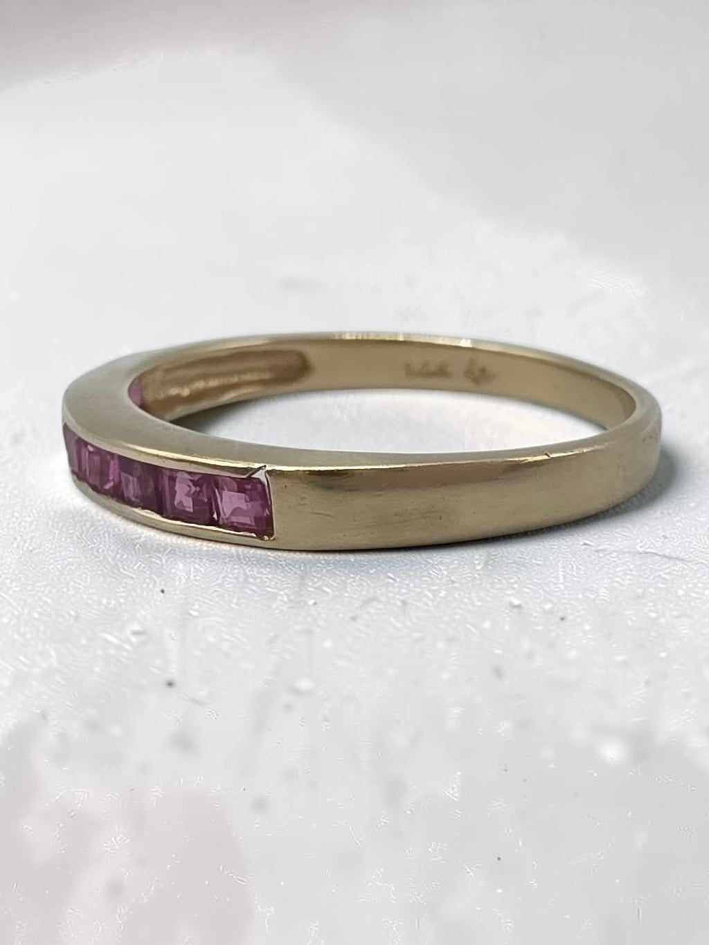 Solid 14K Yellow Gold Square Cut Pink Sapphire Channel Set Band Ring - Size 6