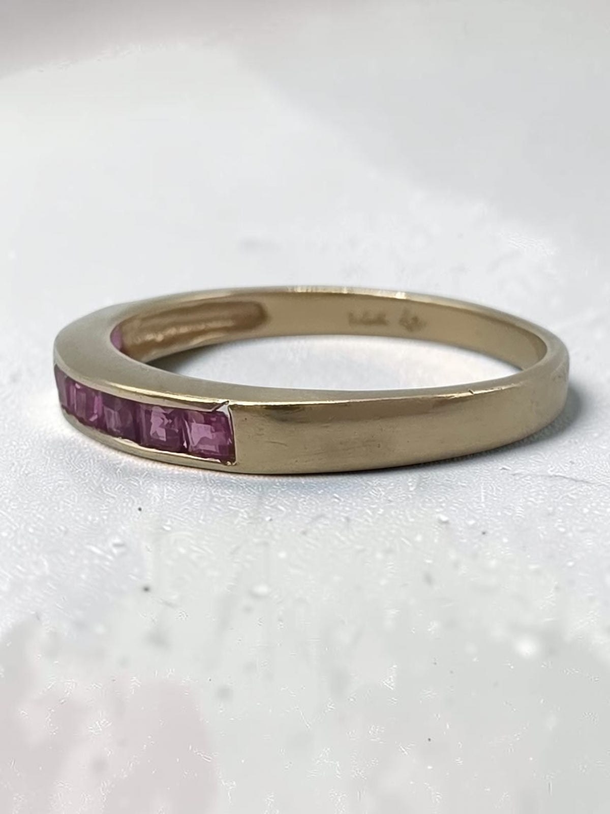 Solid 14K Yellow Gold Square Cut Pink Sapphire Channel Set Band Ring - Size 6