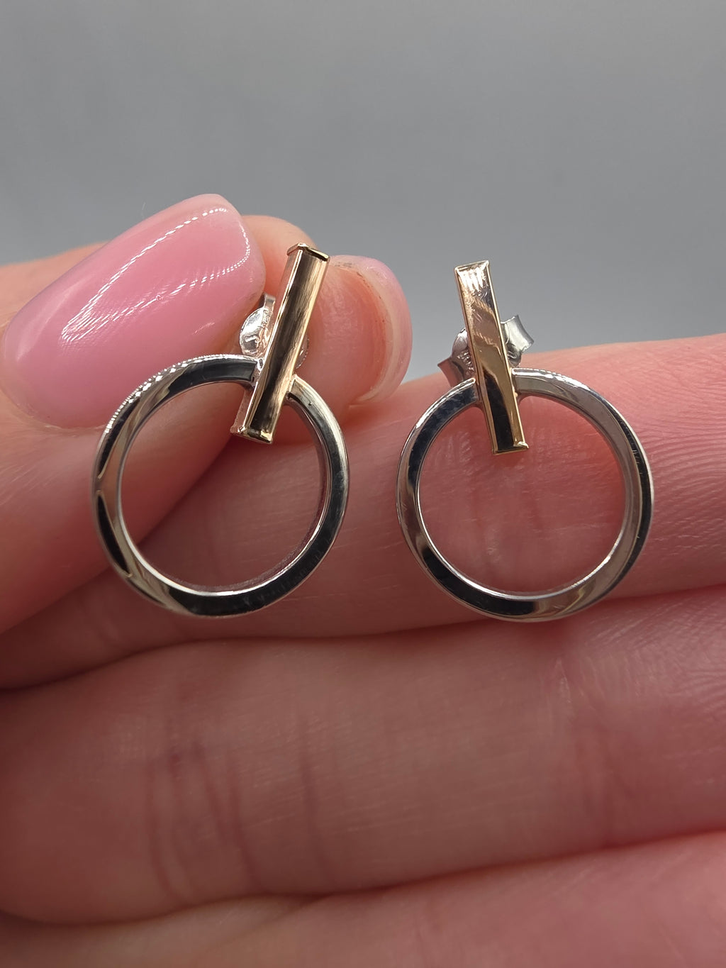 LLJ Lindsey Leigh 14K White Rose Gold Bar Circle Geometric Stud Earrings Italy