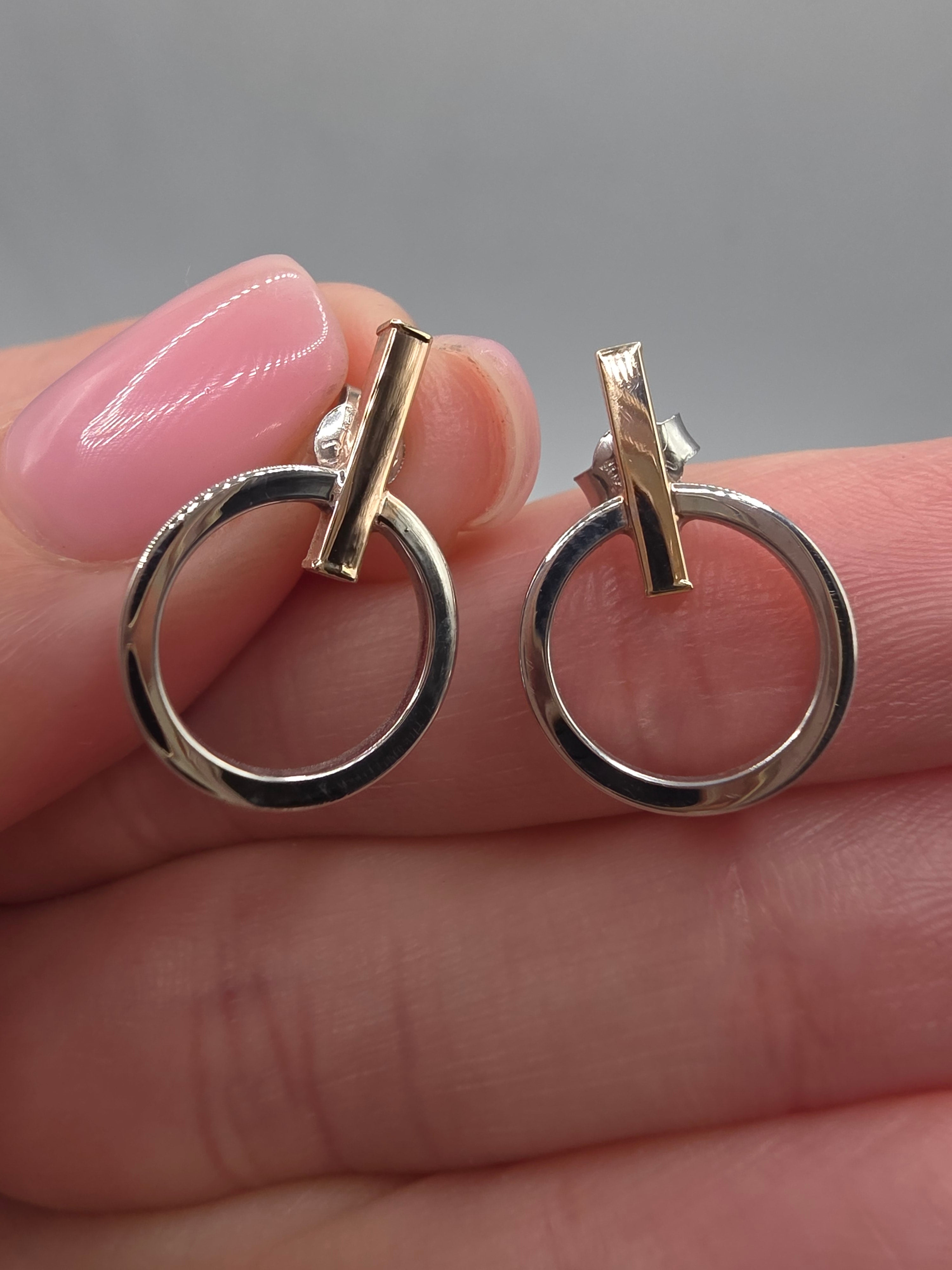 LLJ Lindsey Leigh 14K White Rose Gold Bar Circle Geometric Stud Earrings Italy