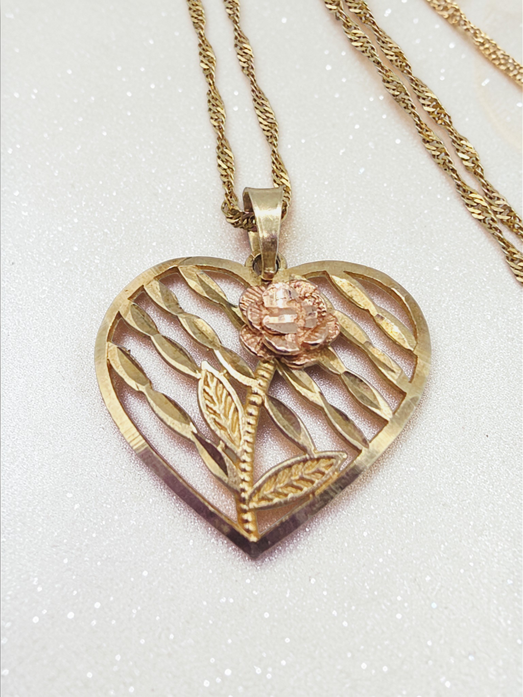 Solid 10K Two-Tone Gold Rose in Heart Pendant Necklace - 18 Inch - Italy