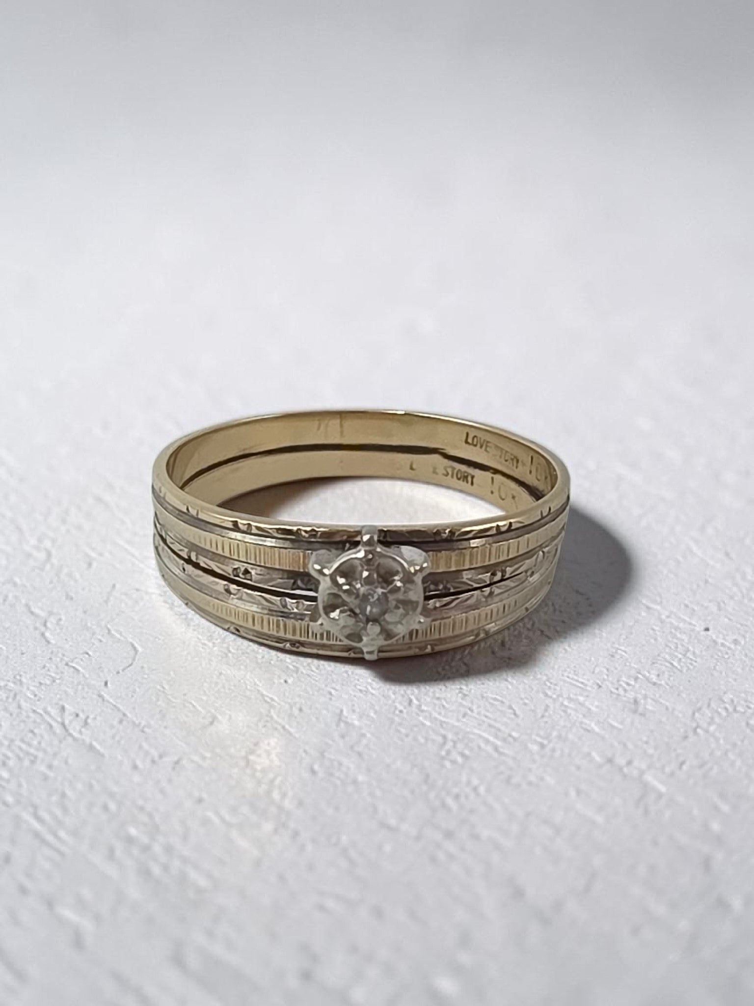 Vintage Love Story Solid 10K Two Tone Gold Diamond Bridal Wedding Ring Set Sz 7